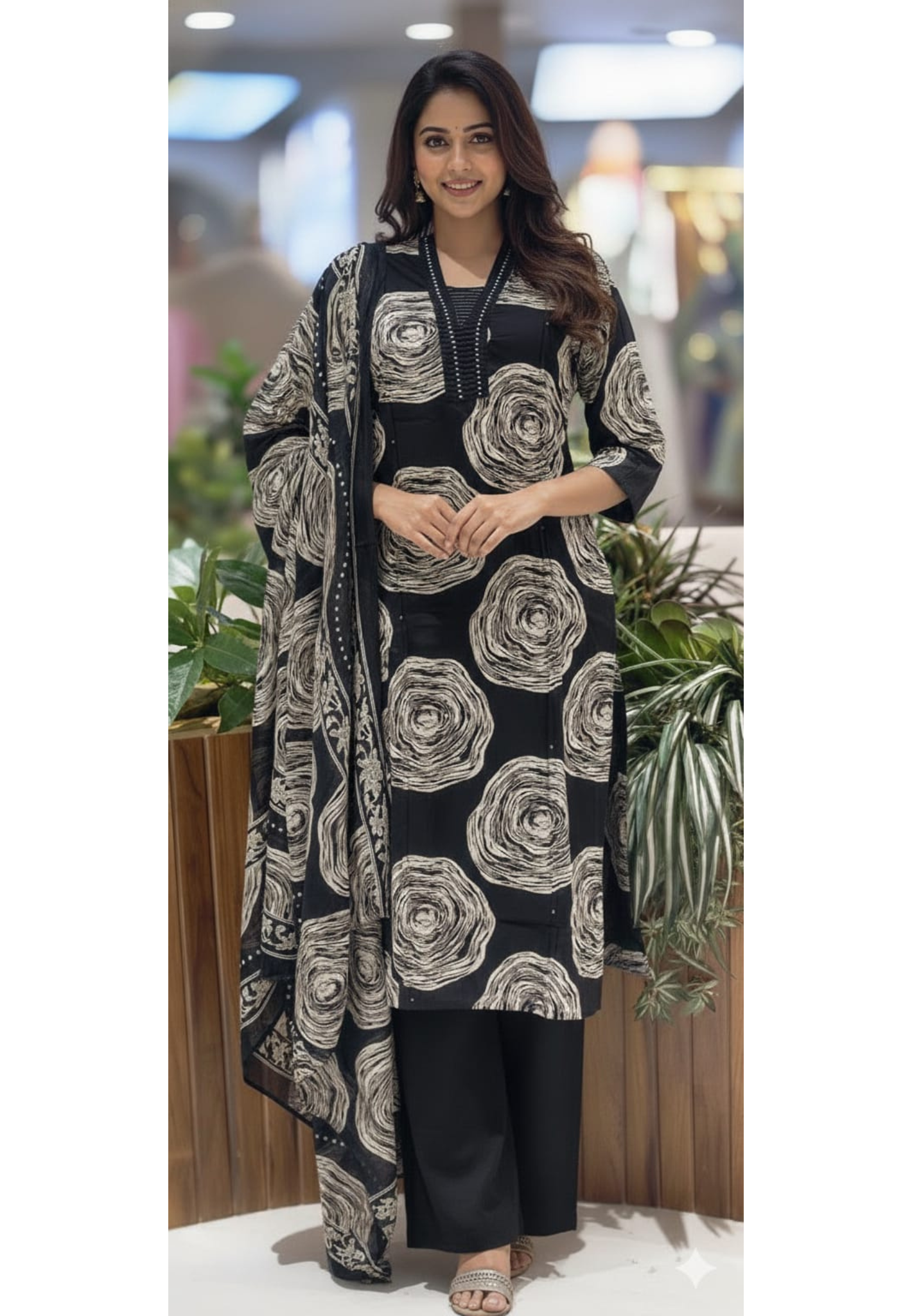 Nightmare Rounded Rose Printed Pleated Neck With Cut-Dana Upwork Cotton Full Suit Set With Dupatta