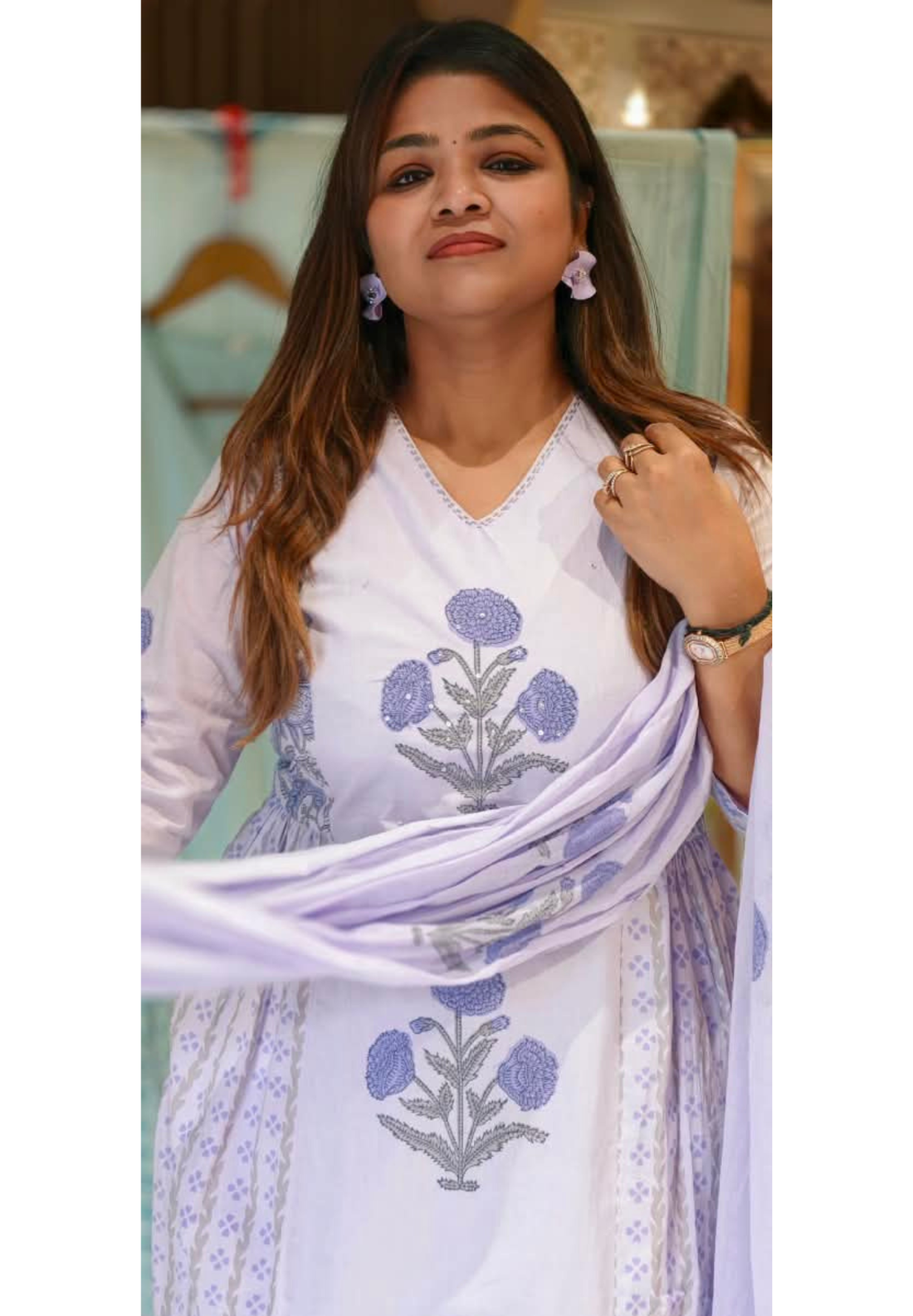 V-Neck Premium Cotton Floral Print Side Frills A-line Full Suit Set with Dupatta- 16792