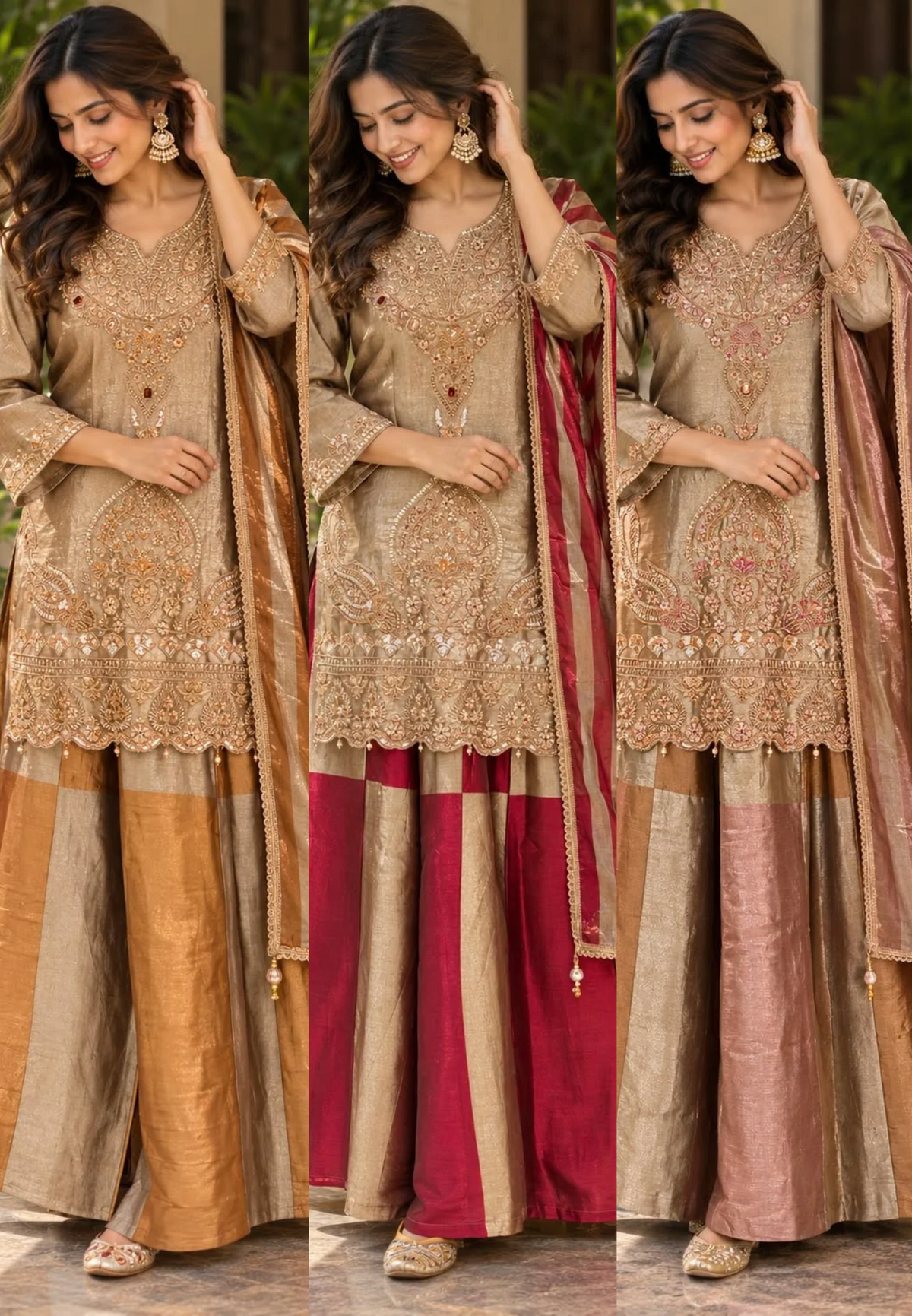 Heavy Elegant Champagne Gold Embroidered Tissue Blend Panel Palazzo Set with Intricate Zari & Sequin Work- 16933(Slightly Lean Fit)