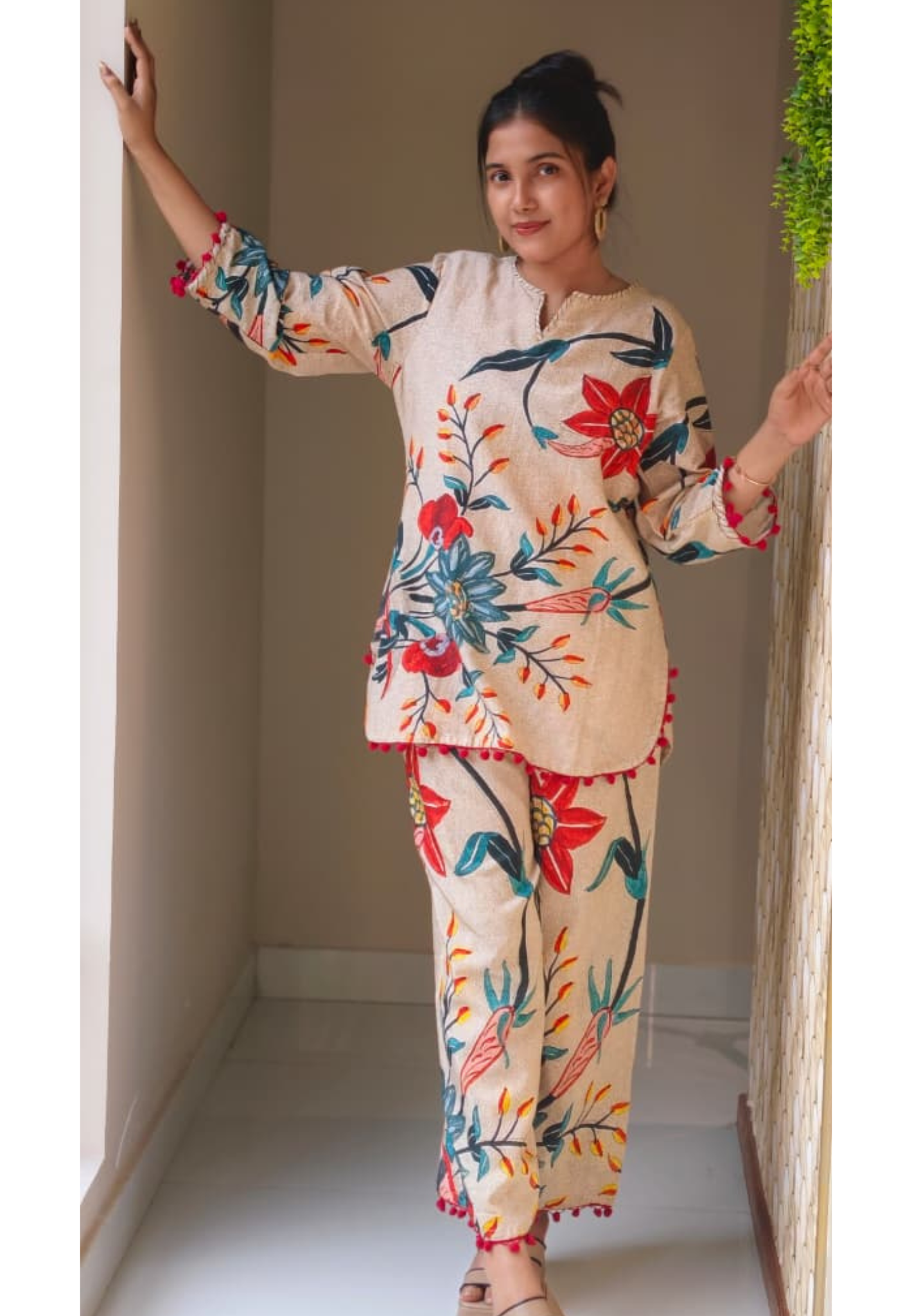 Elegant Beige Floral Printed Pure Cotton Co-Ord Set with Artistic Botanical Design & Pom-Pom Detailing 13700