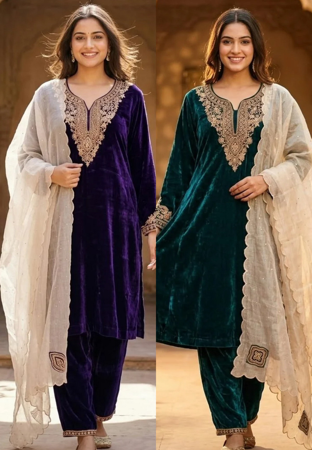 Premium Velvet Kurta Pant Set with Heavy Golden HandEmbroidery, Elegant Scalloped Tissue Dupatta 16916