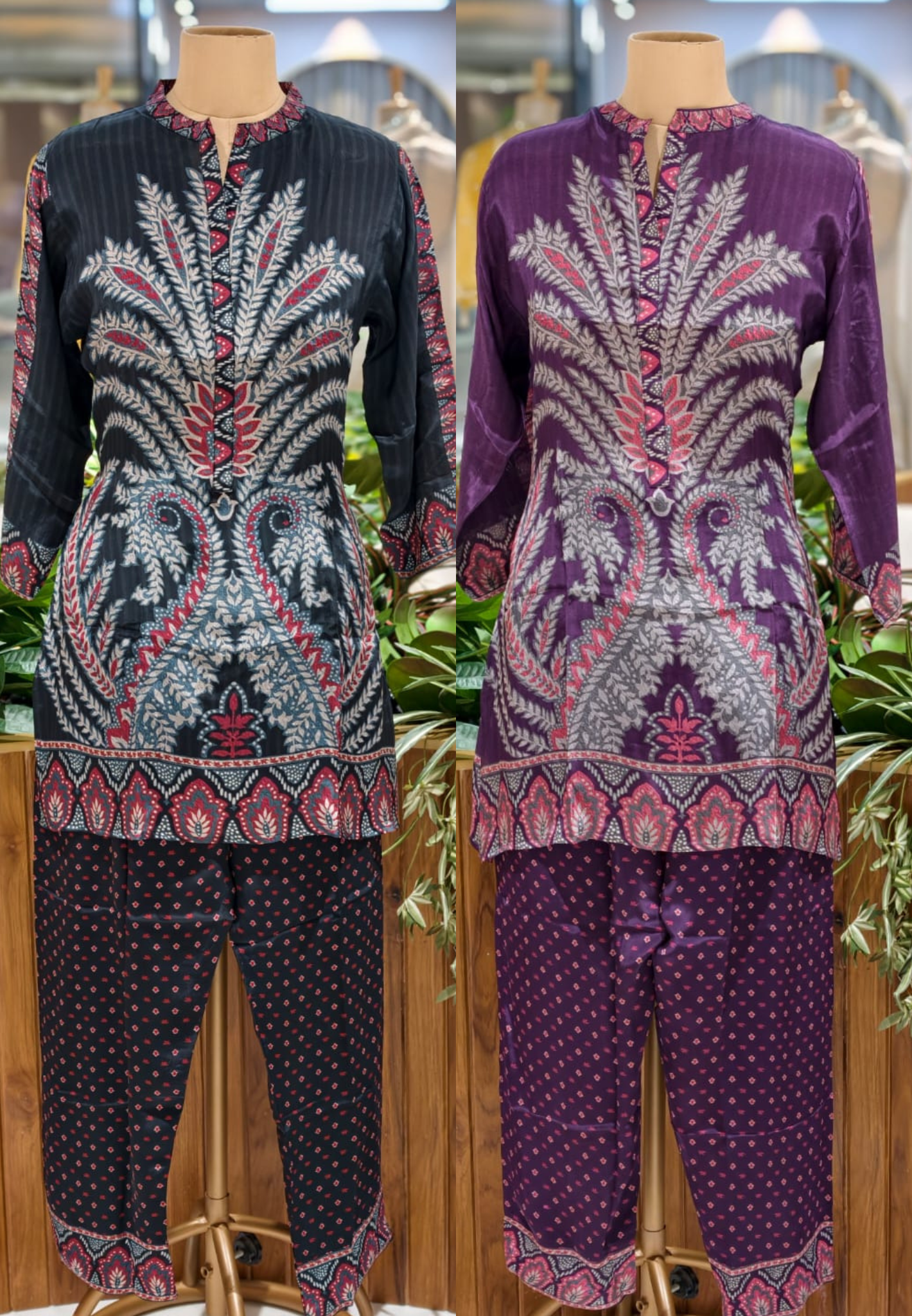 Multi Prints Folk Art Mandarin Collar Kurta Pant Set In Crepe Fabric- 12952