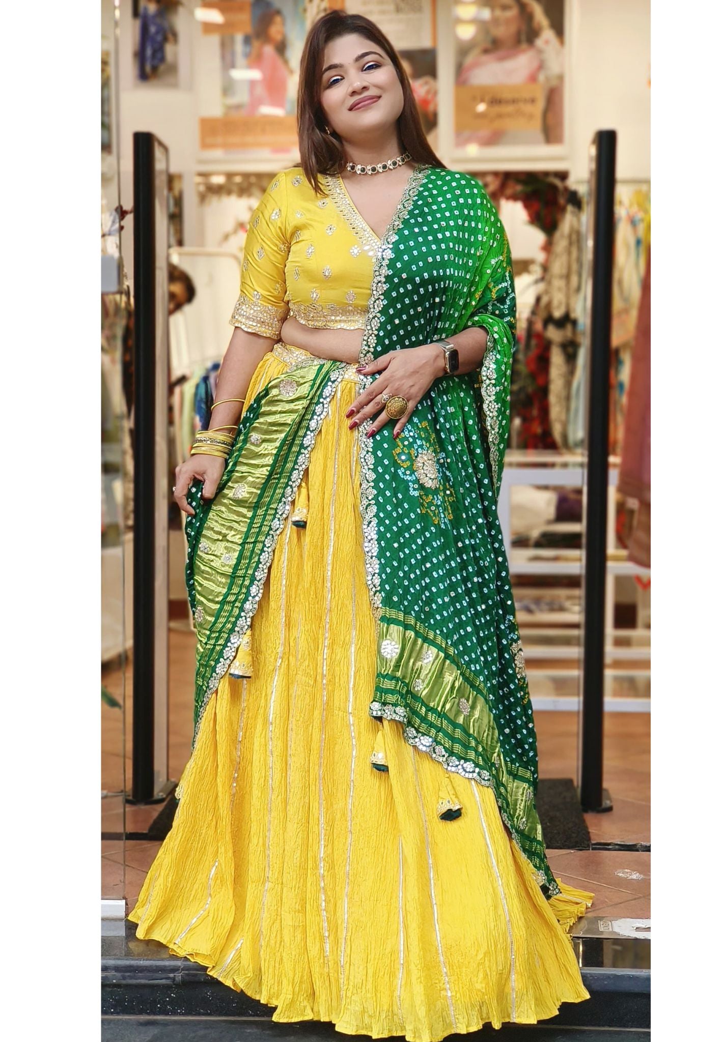 Heavy Partywear Lehenga Mirror Embroidered Blouse with Crushed skirt With Bandhani Dupatta DRYWASHONLY 0-06459-60 Dispatching will be on friday