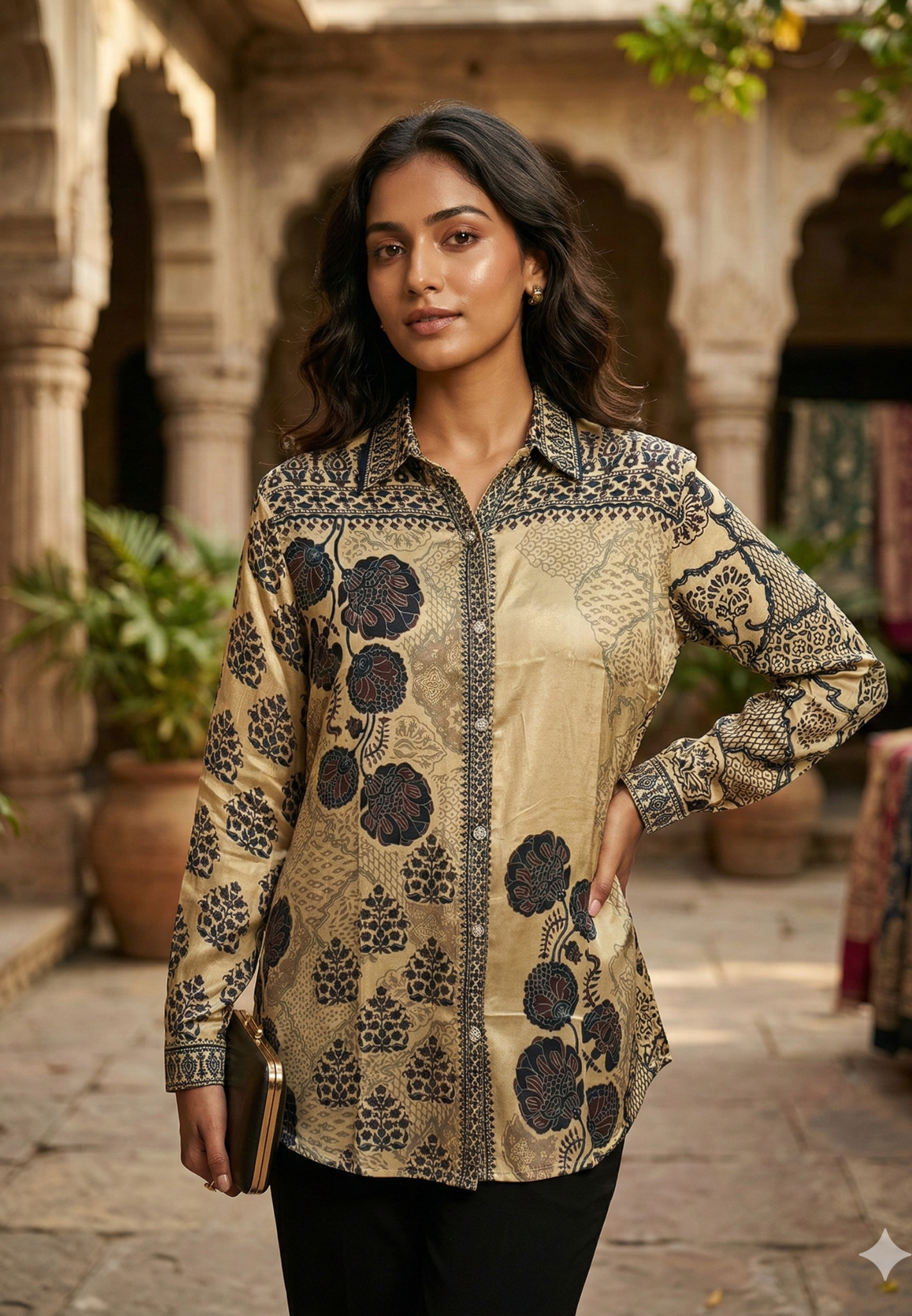 Women’s Beige Ajrakh Inspired Floral Print Collared Top with Statement Placket Design