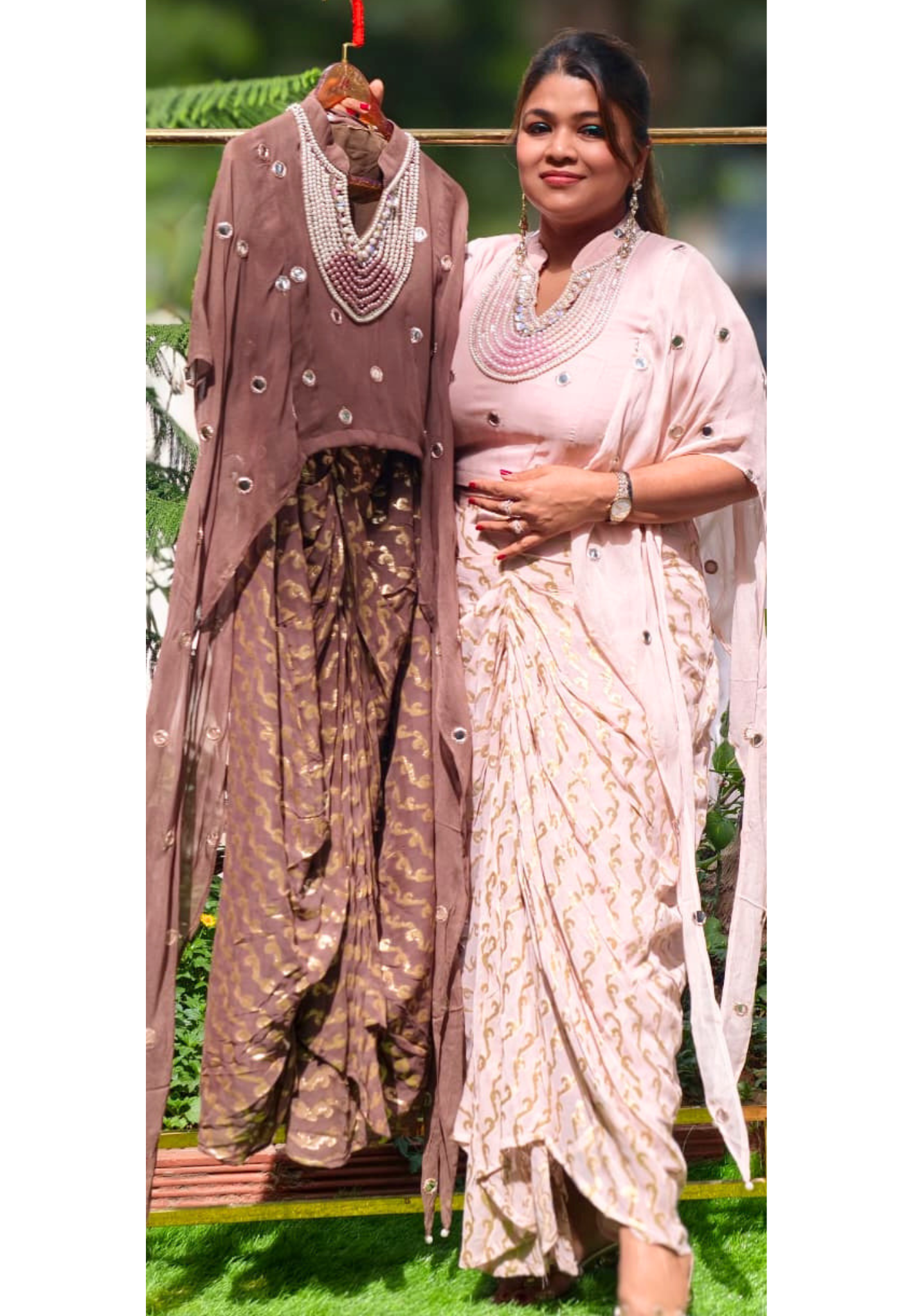 Designer Neckpiece Look Real Mirror Detailing Shrug Style Crop Top With Weavy Golden Prints Drape Dhoti Skirt -15584, 15583