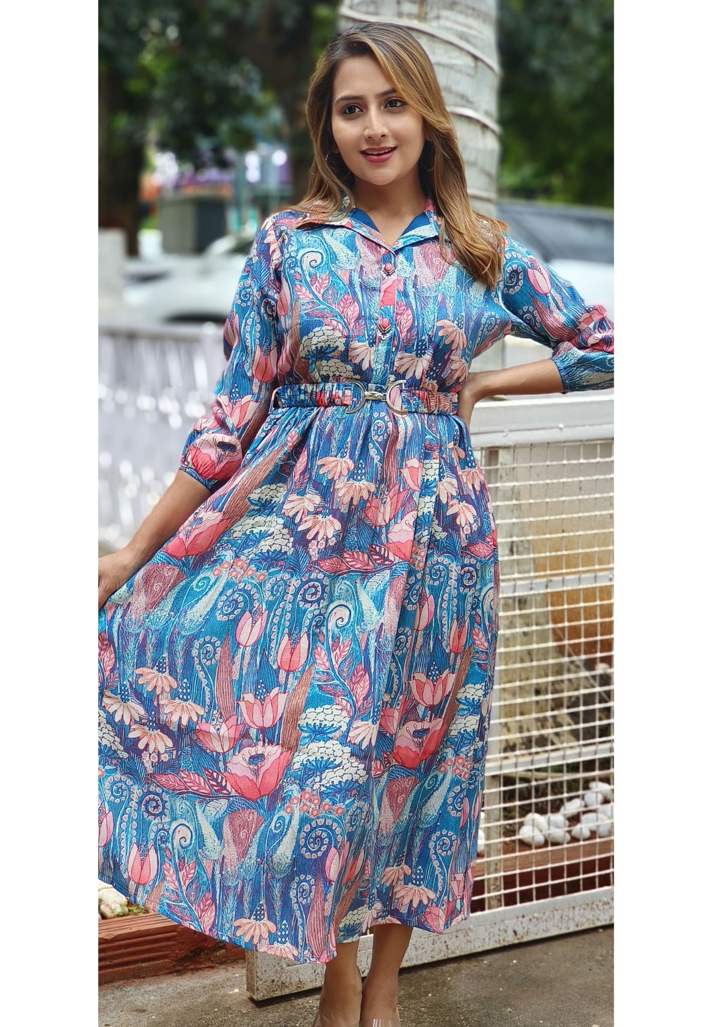 Muslin floral Printed Frock with Belt -05463