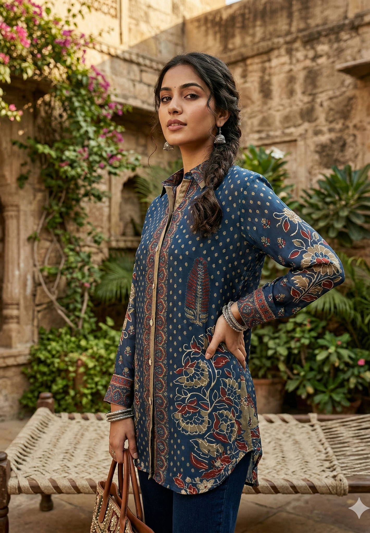 Pure Crepe Navy Blue Ajrakh Inspired Floral Print Collared Button-Down Kurti Shirt with Ethnic Border Detailing