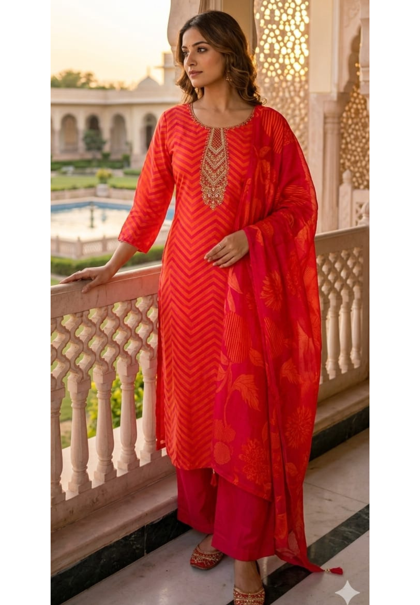 Sunset Crimson Festive Leheriya Full Suit Set with Premium Hand-Crafted Neckline