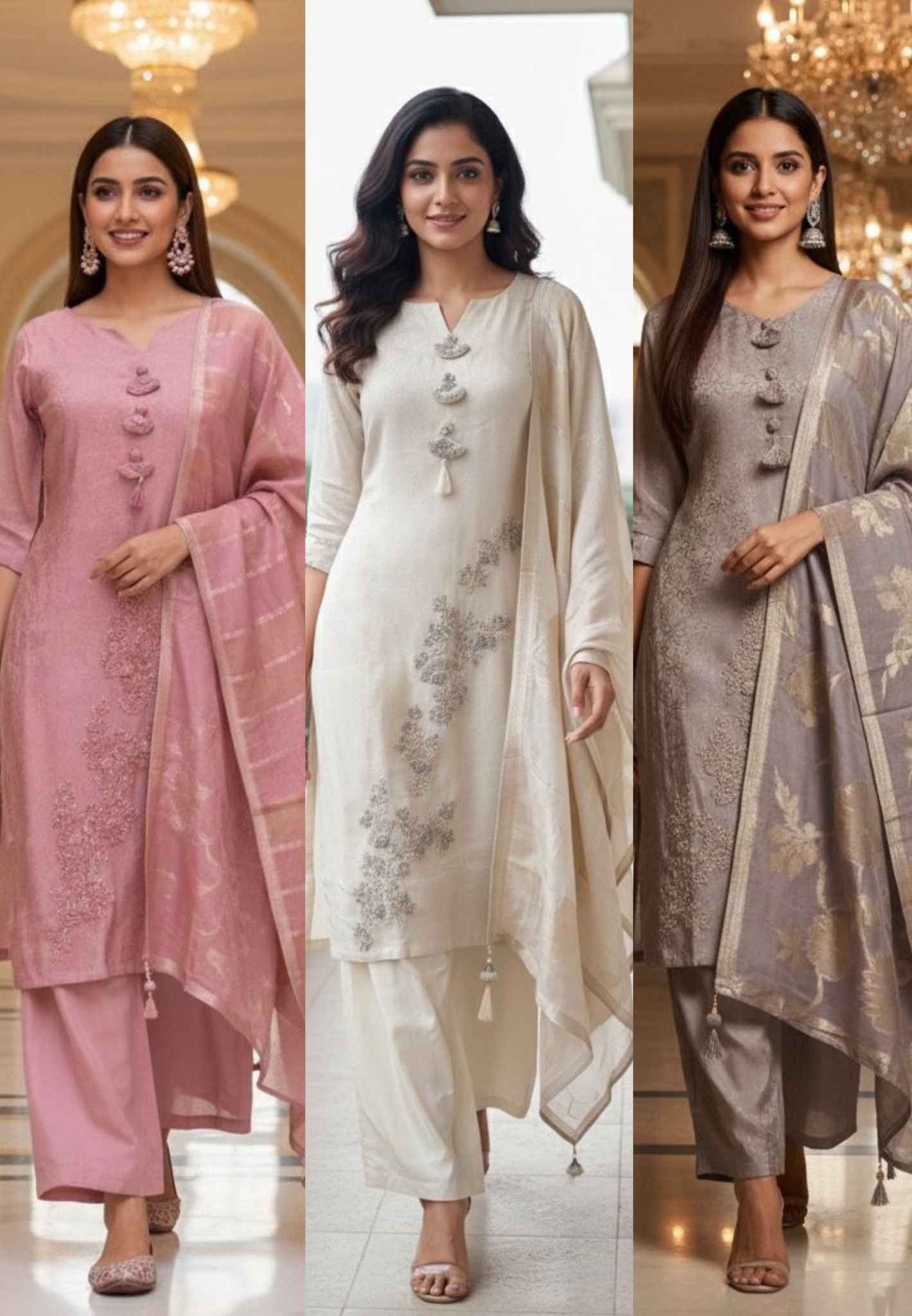 Pastel Elegance Thread Hand Work Tassel Hang Full Suit Set With Banarasi Dupatta In Tissue Fabric-11655,11656,11660