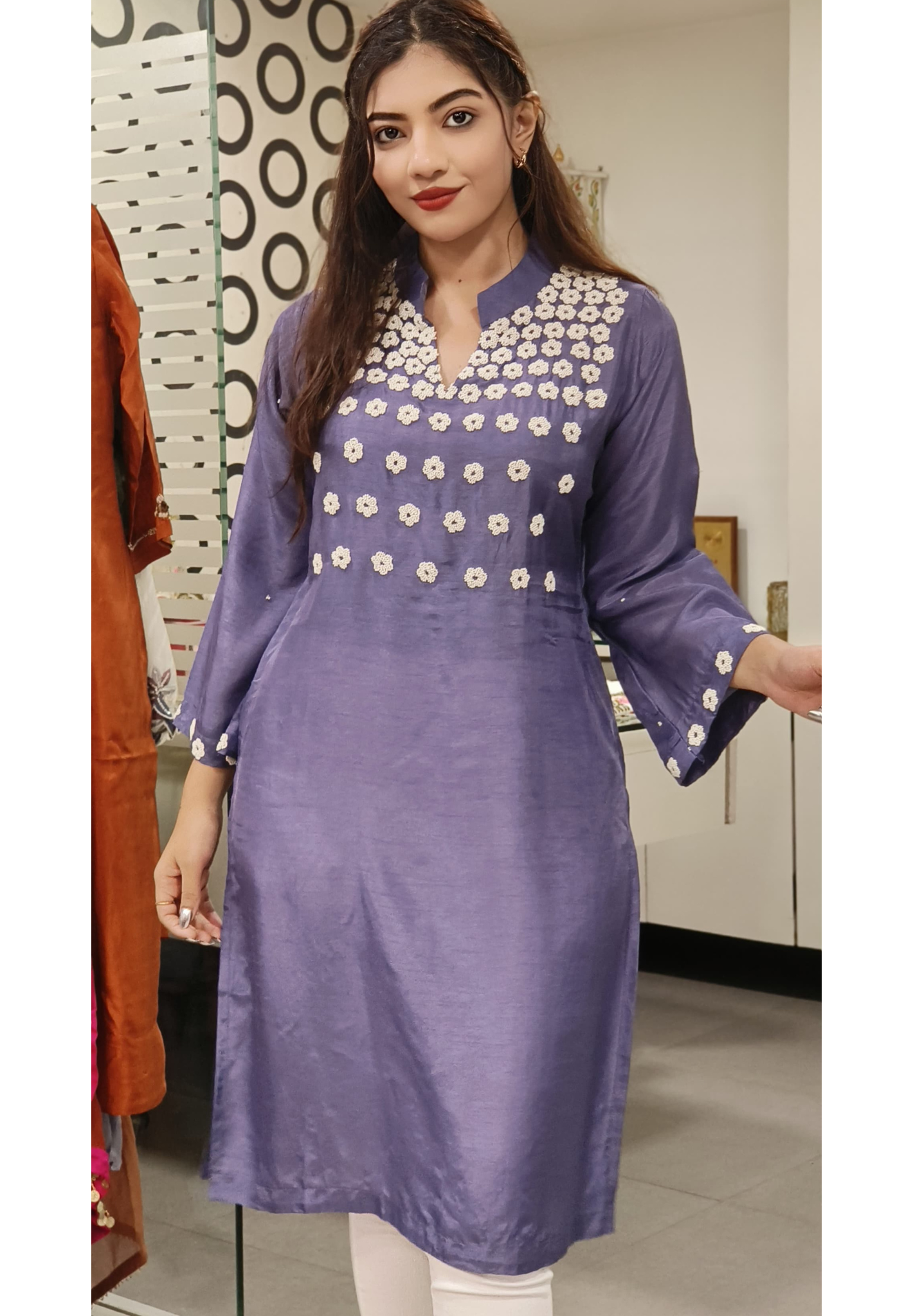 Dola Silk Pearl Hand Embroidered Manderian Collar Only Kurti- Dispatching after 15 Days