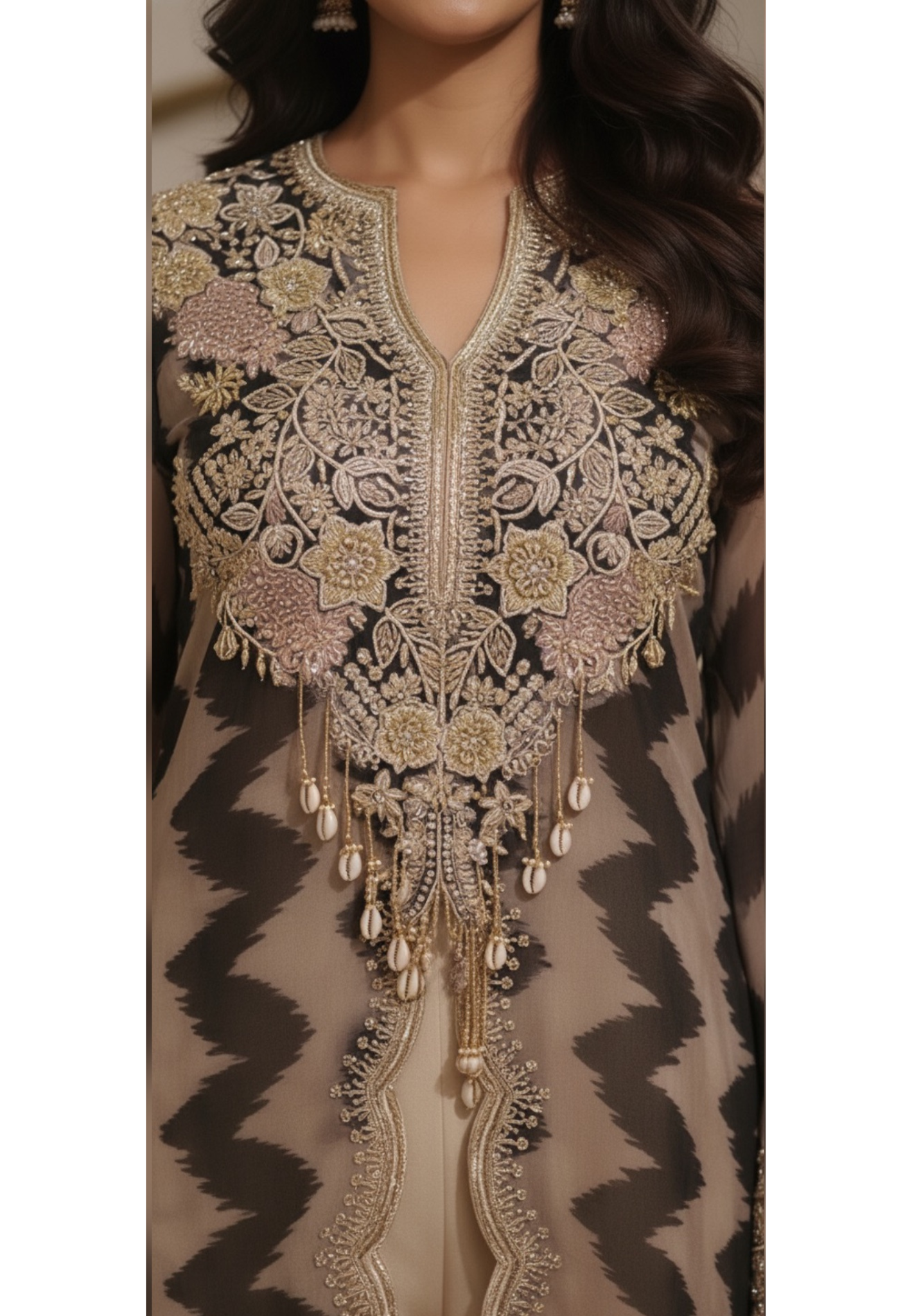 Zig-Zag Striped Heavy Handworked Tasseled Cape With Padded Buster & Flared Palazzo Bottom- 11739, 11738, 11737