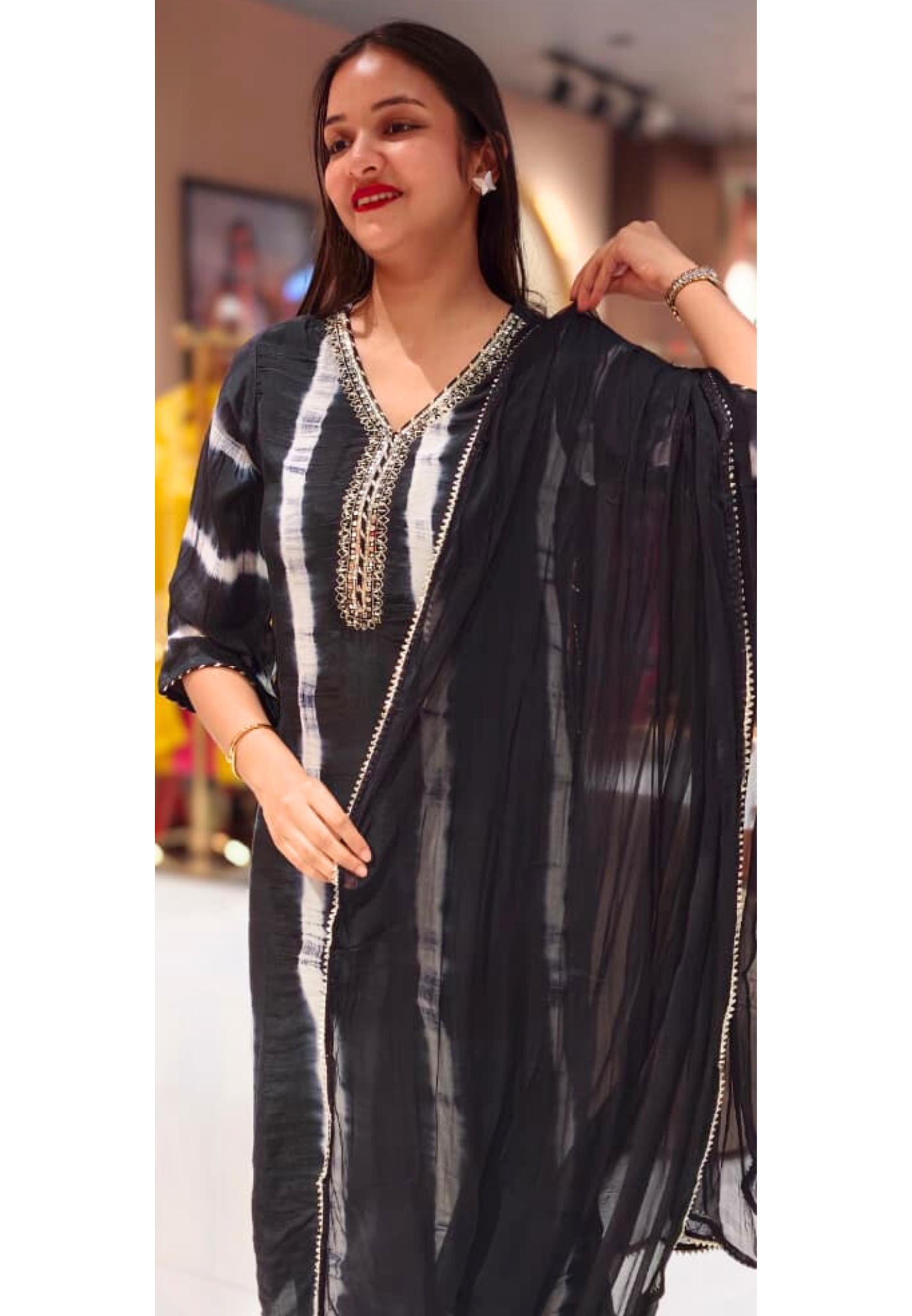 Midnight Noir Streak Printed Black & White Full Suit Set With Dupatta In Muslin Fabric- 13484