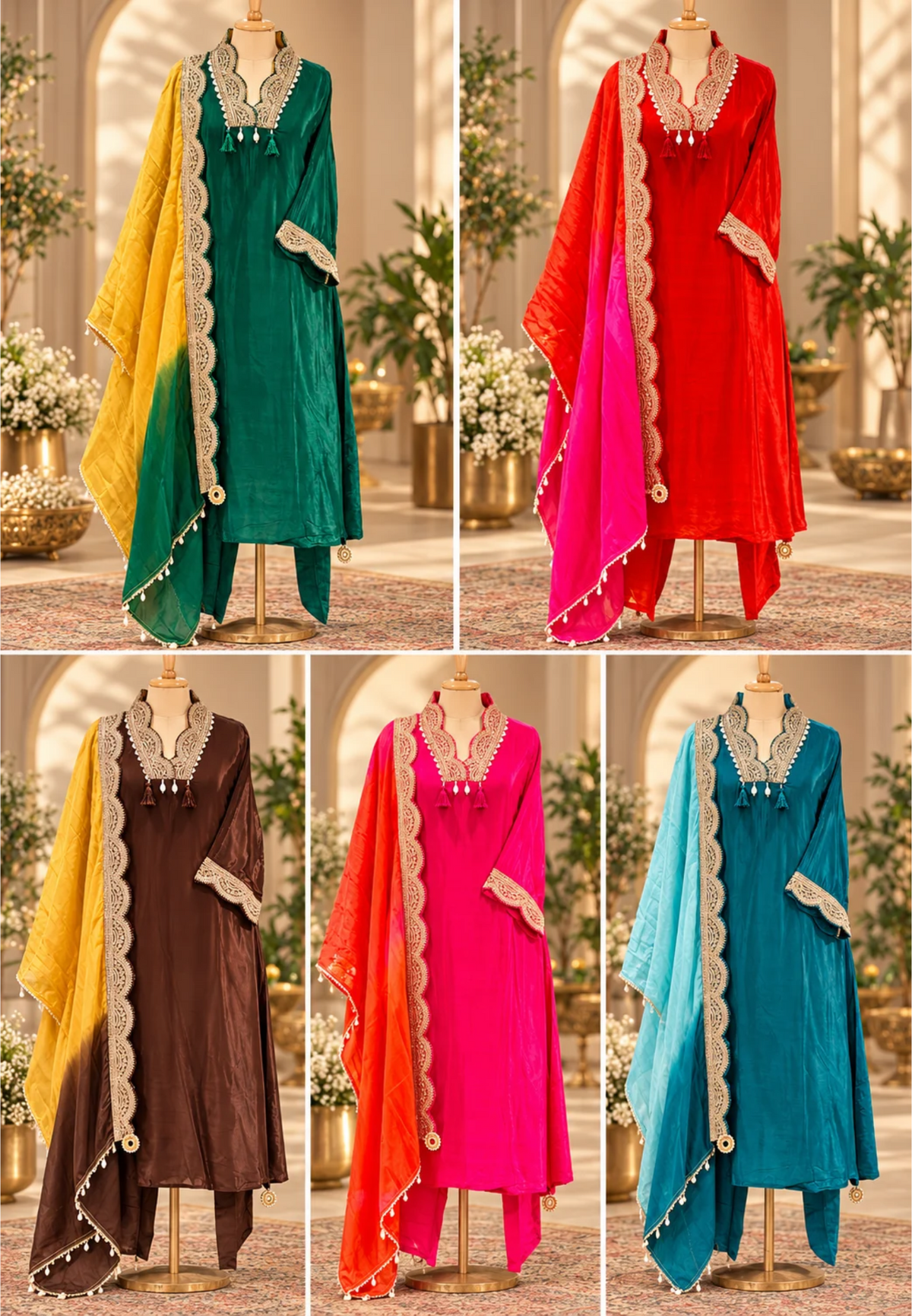 Pure crepe Broad Lace Aline solid Shade Full suit with Shaded Organza Dupatta 16996
