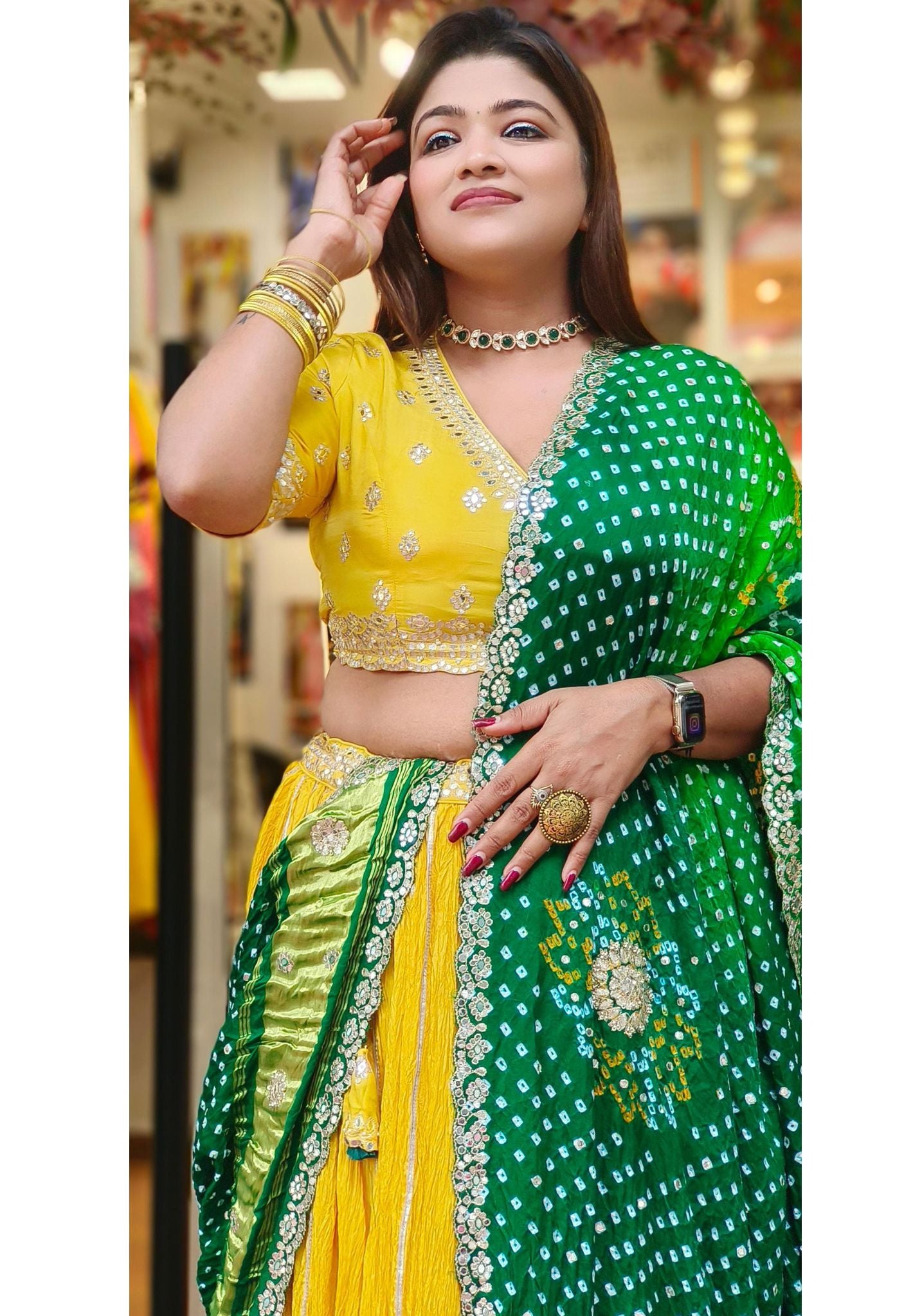 Heavy Partywear Lehenga Mirror Embroidered Blouse with Crushed skirt With Bandhani Dupatta DRYWASHONLY 0-06459-60 Dispatching will be on friday