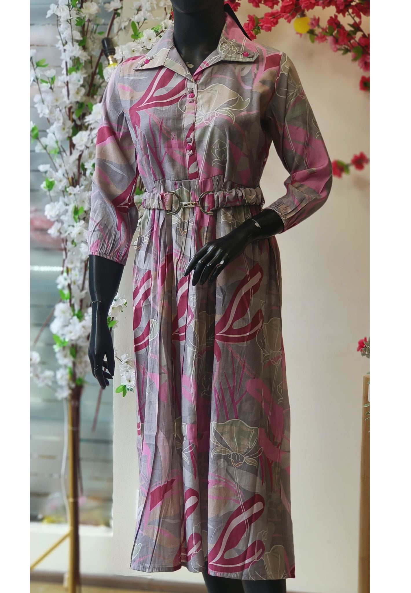 Floral Printed Muslin  Frock with Belt -05467