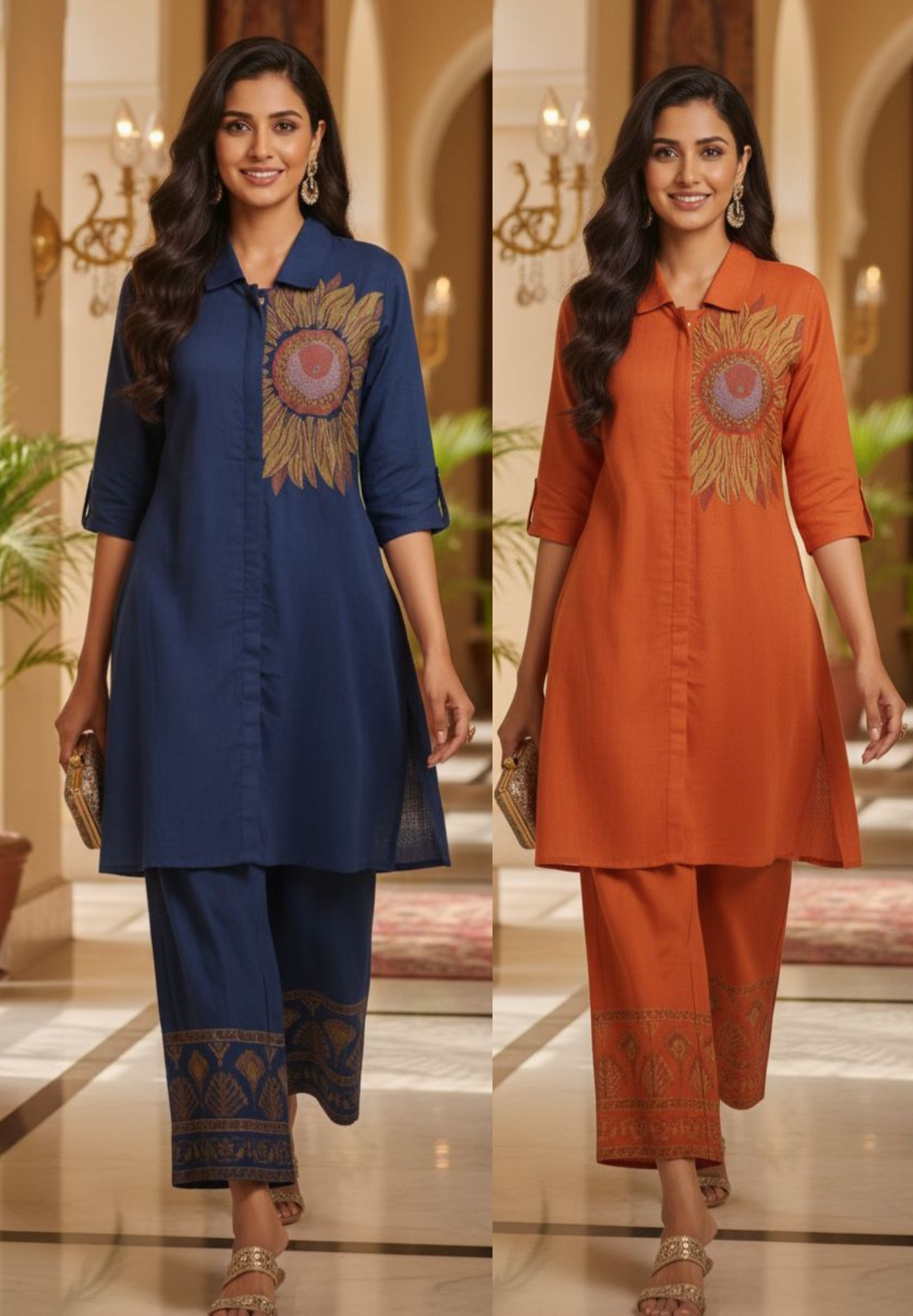 Cross Stitch Flower Print Collar Kurta With Taper Palazzo-12351,12350