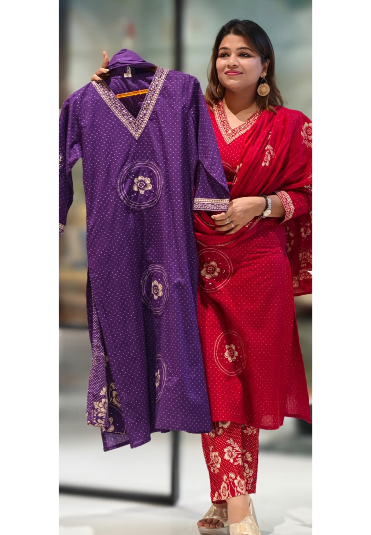 V-Neck Rose Print Round Work Dotted Cotton Full Suit Set With Dupatta- 12978