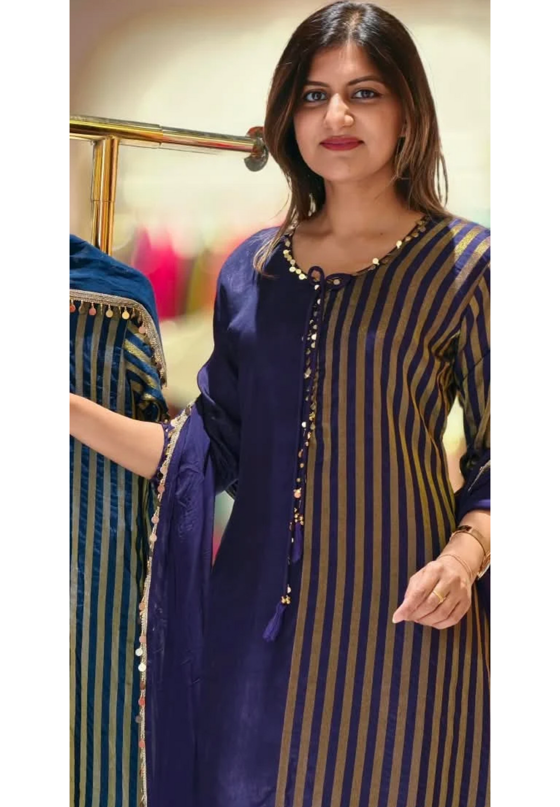 Russian Silk With Tissue Stripes Coin & Ghungroo Dangle Accent A-Line Full Suit Set With Dupatta- 16827