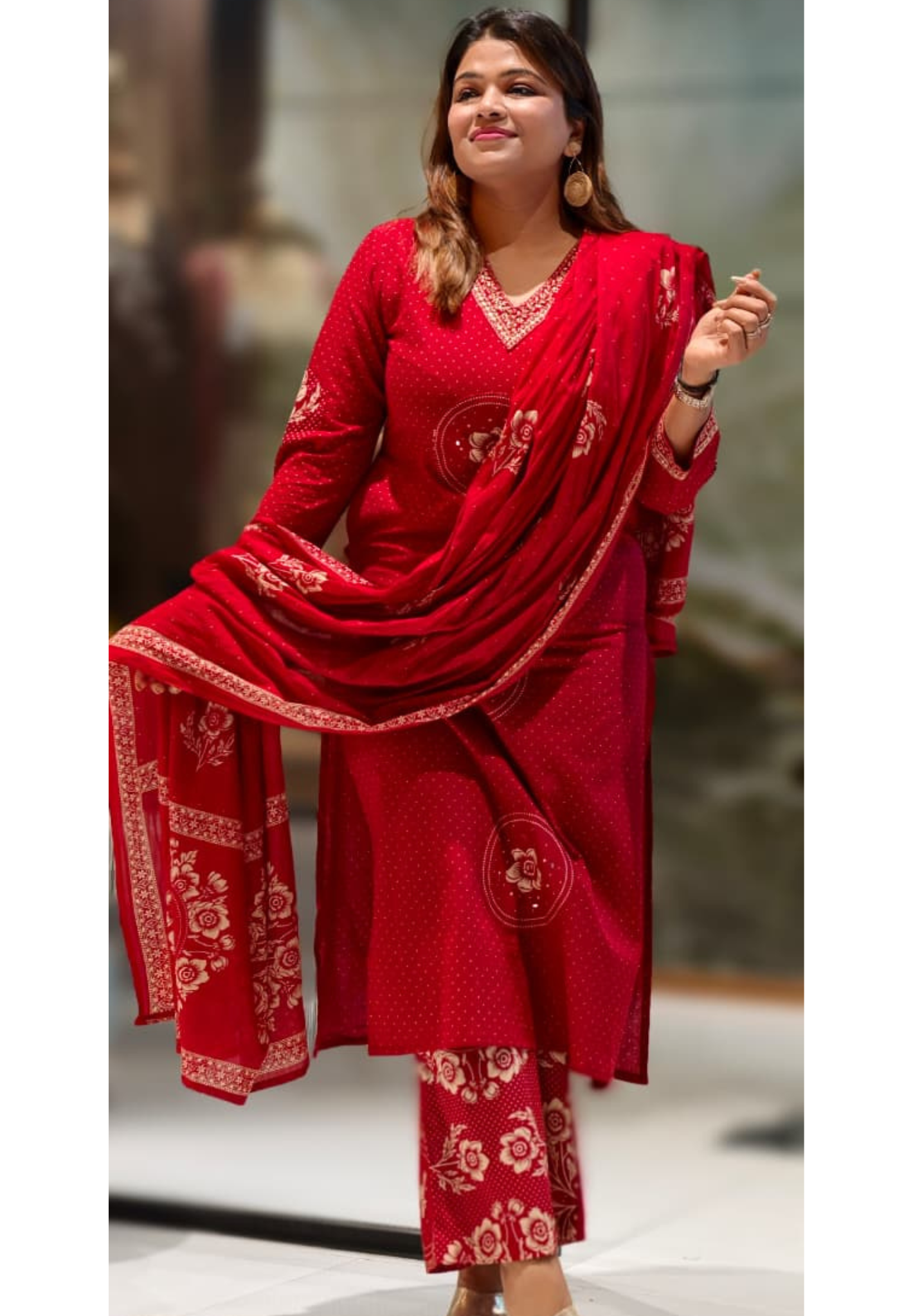 V-Neck Rose Print Round Work Dotted Cotton Full Suit Set With Dupatta- 12978