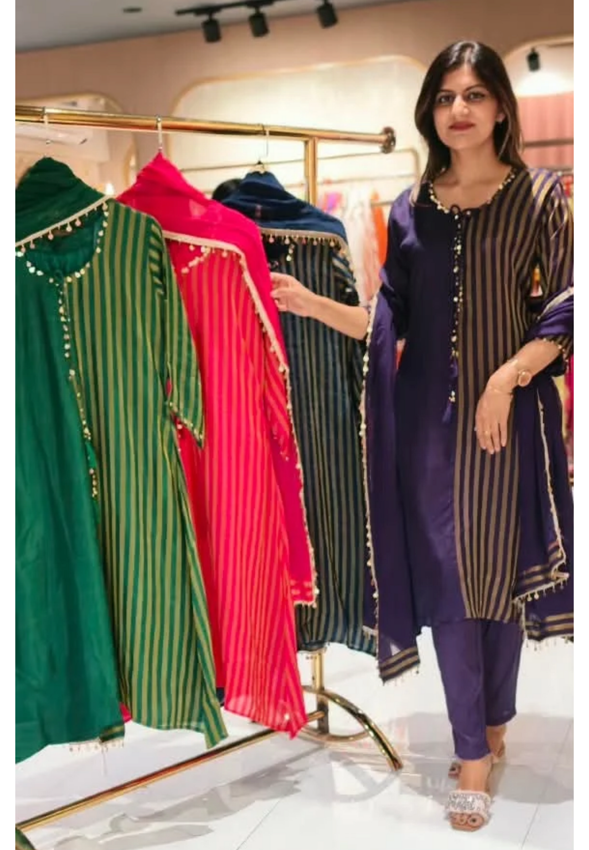 Russian Silk With Tissue Stripes Coin & Ghungroo Dangle Accent A-Line Full Suit Set With Dupatta- 16827