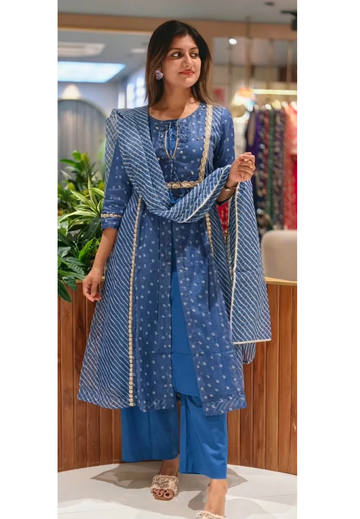 Dusty Blue Rich Golden Embroidery Highlights Kota Doria Bandhani Dots A-Line Full Suit Set With Dupatta- 15986