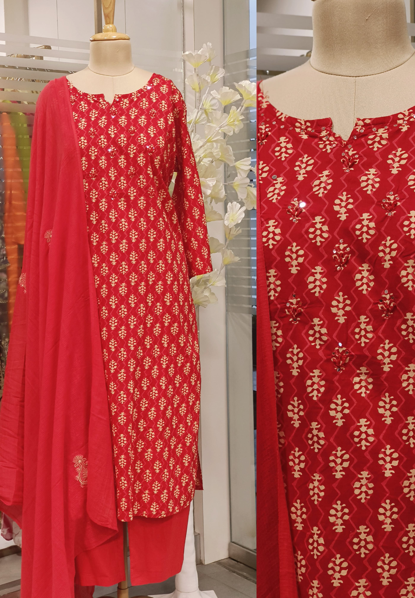 Printed Pure cotton red Full suit set-08087