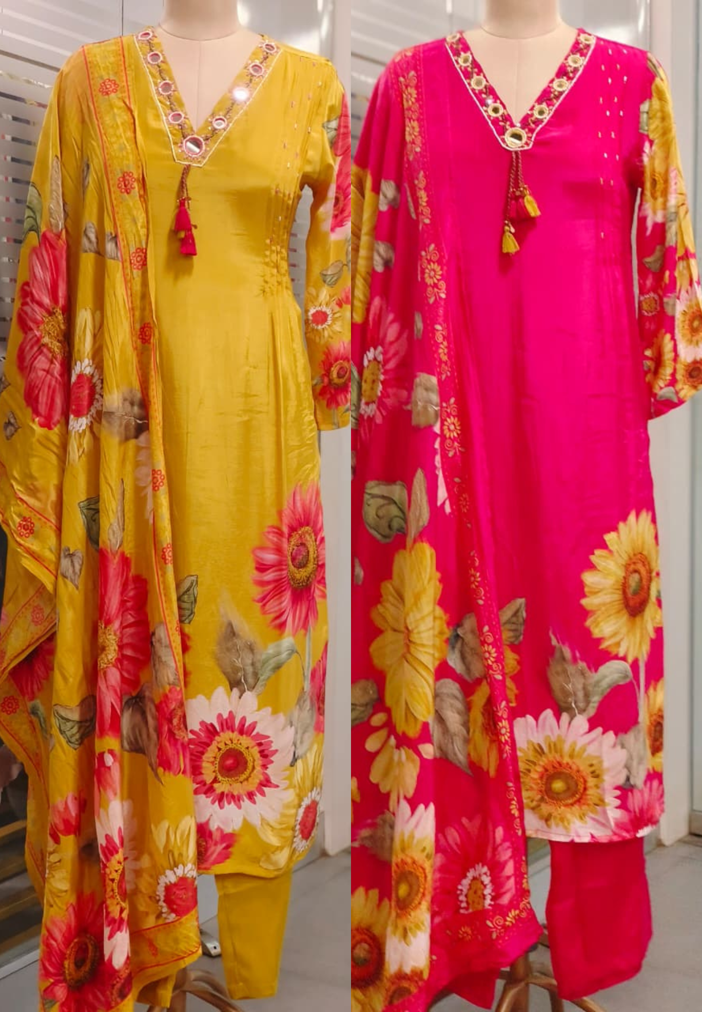Glass Neck Real Mirror Elegance Floral Bloom Full Suit Set With Dupatta In Crepe Fabric- 11721, 11722