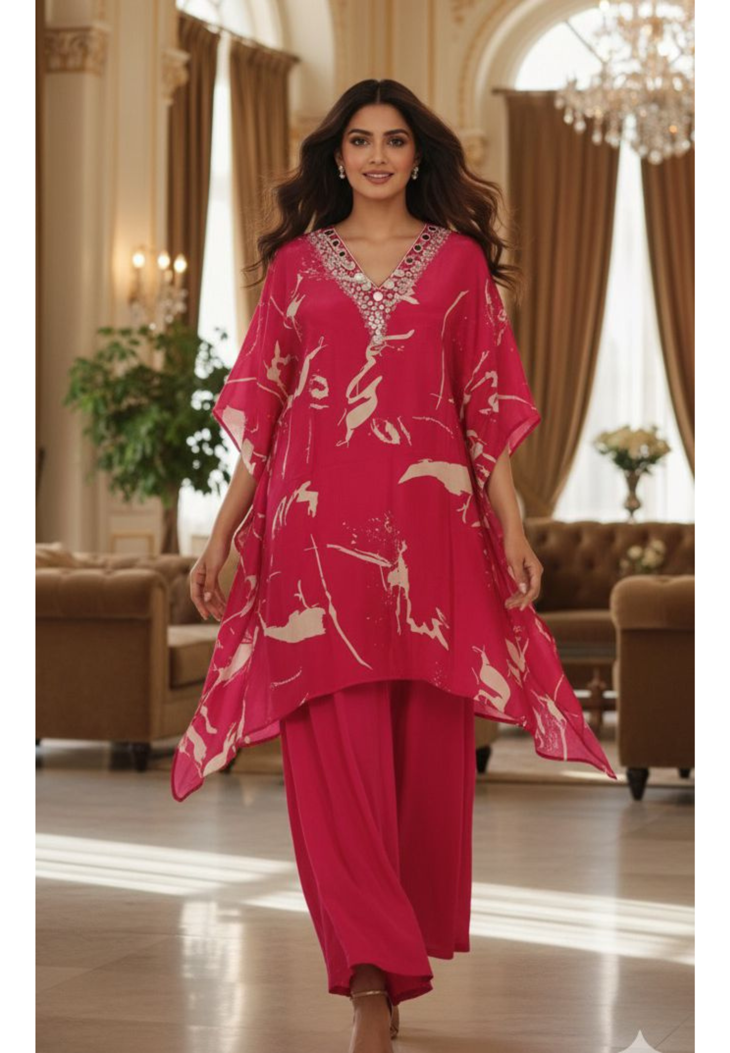Real Mirror Embroidered Crepe Kaftan With Beautiful Print & Neck Work With Bottom