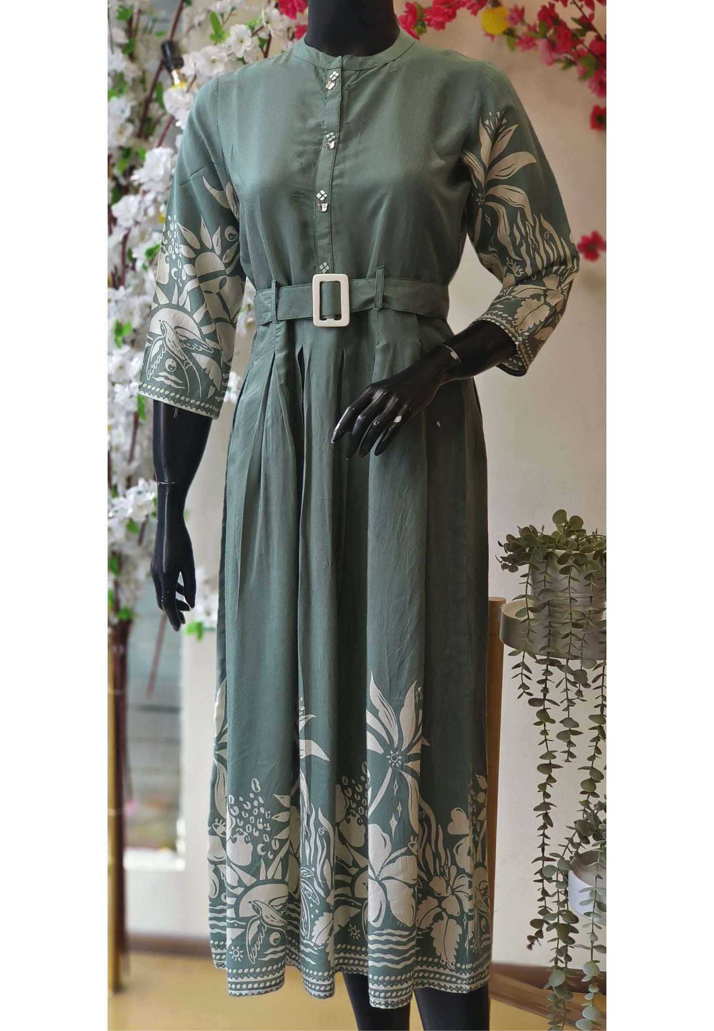 Muslin printed Frock with belt-05765