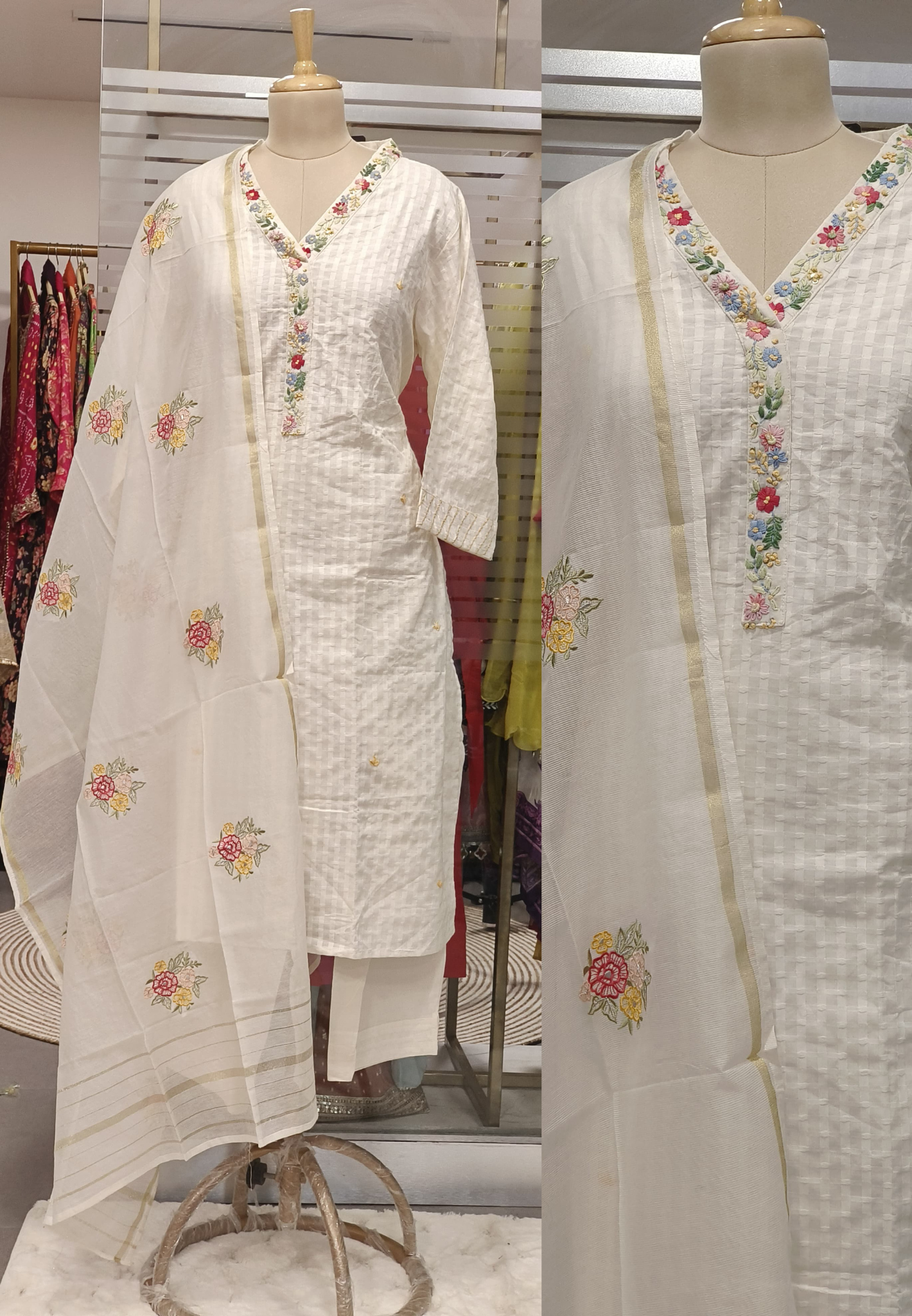 Embroidered neck White Pure Cotton Kurta Pant And Dupatta-06427