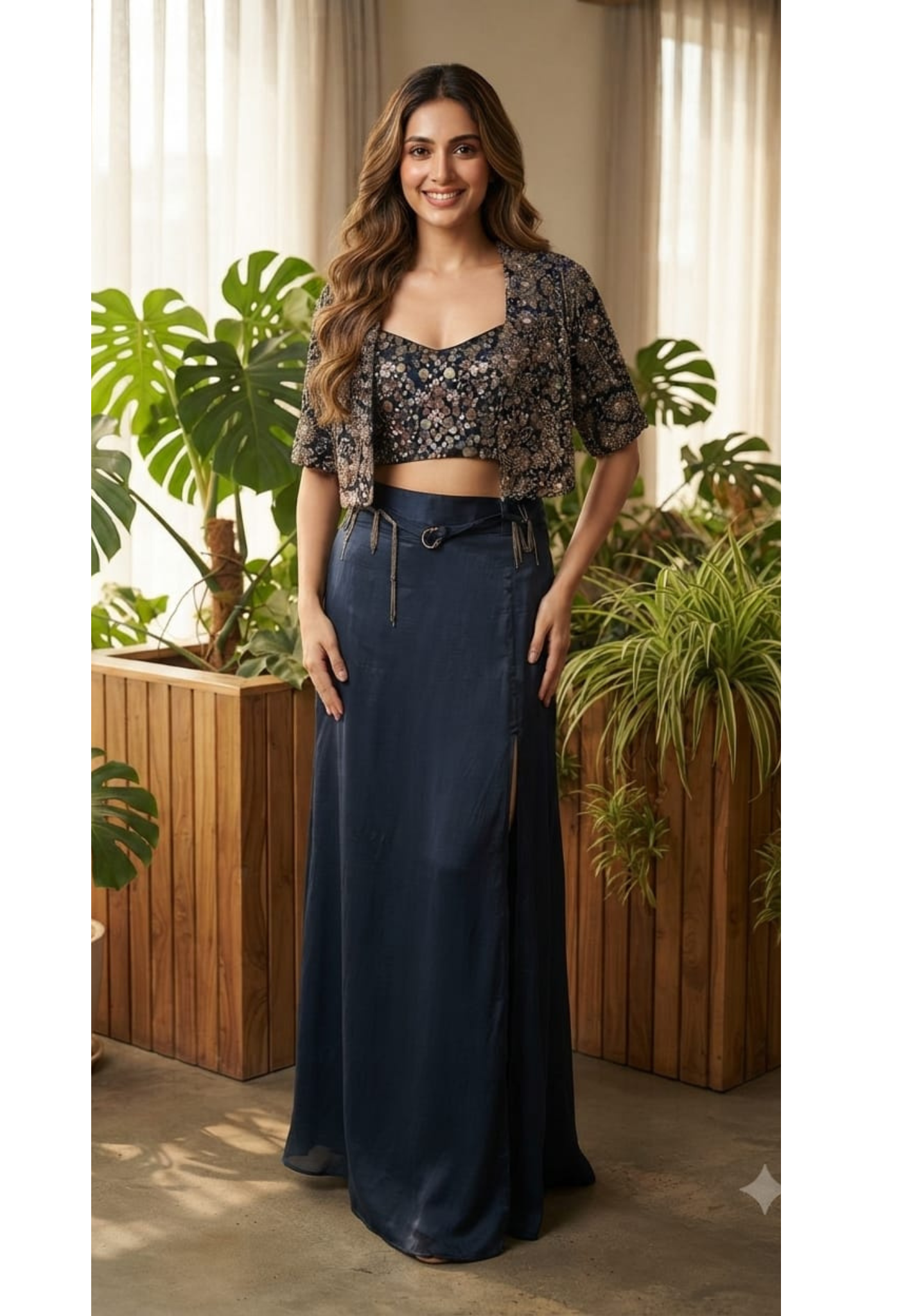 Royal Nightfall Luxe Sequin Embellished Cropped Blouse with Designer Short Jacket & Wide-Leg Palazzo Set-15005