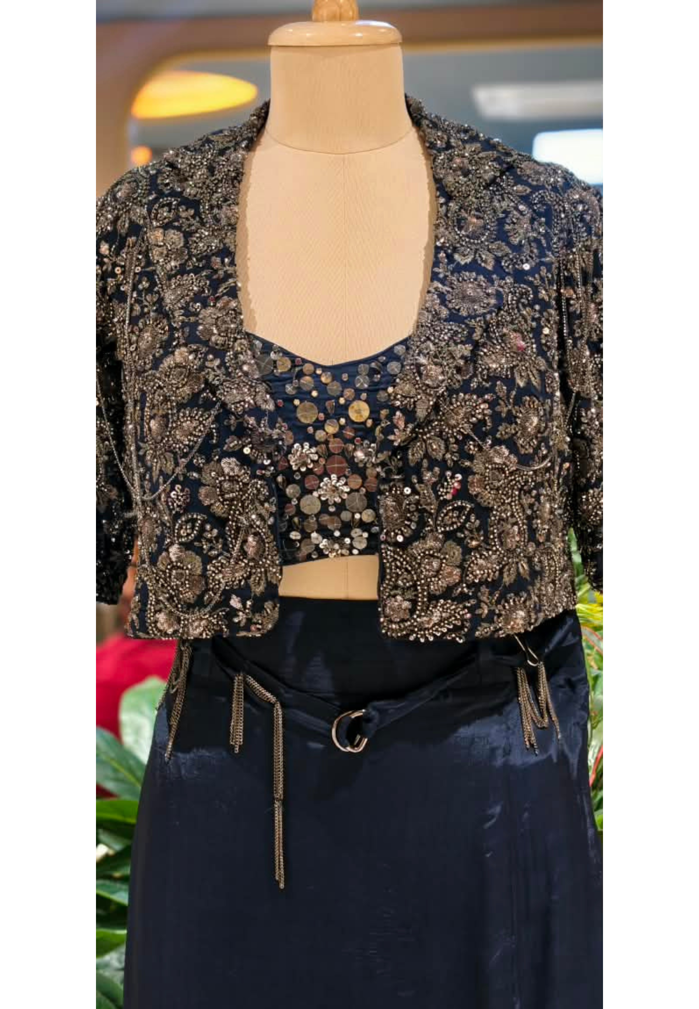 Royal Nightfall Luxe Sequin Embellished Cropped Blouse with Designer Short Jacket & Wide-Leg Palazzo Set-15005