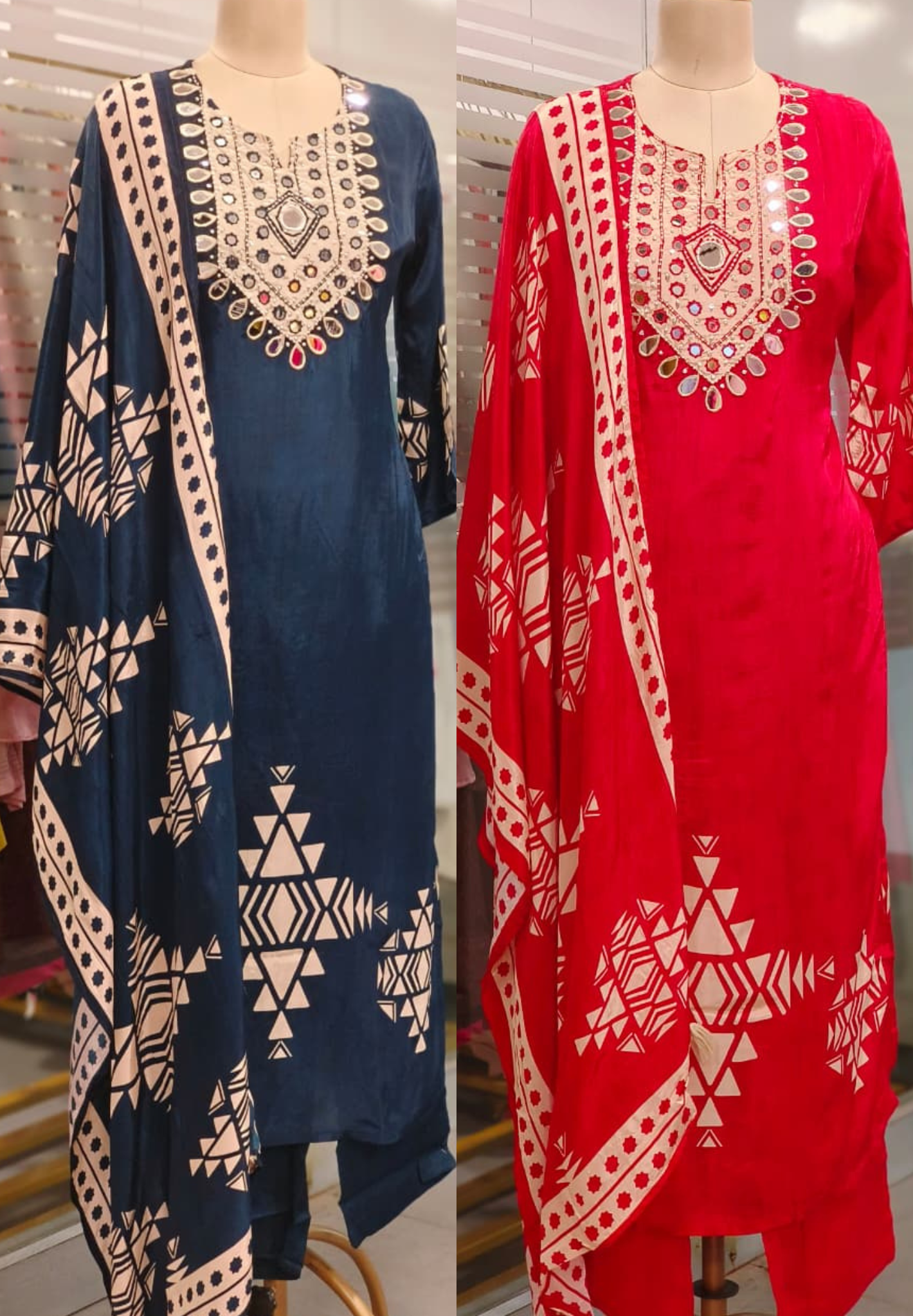 Graceful Real Mirror Yoke Unique Yoke Full Suit Set With Dupatta In Crepe Fabric- 11777, 11778