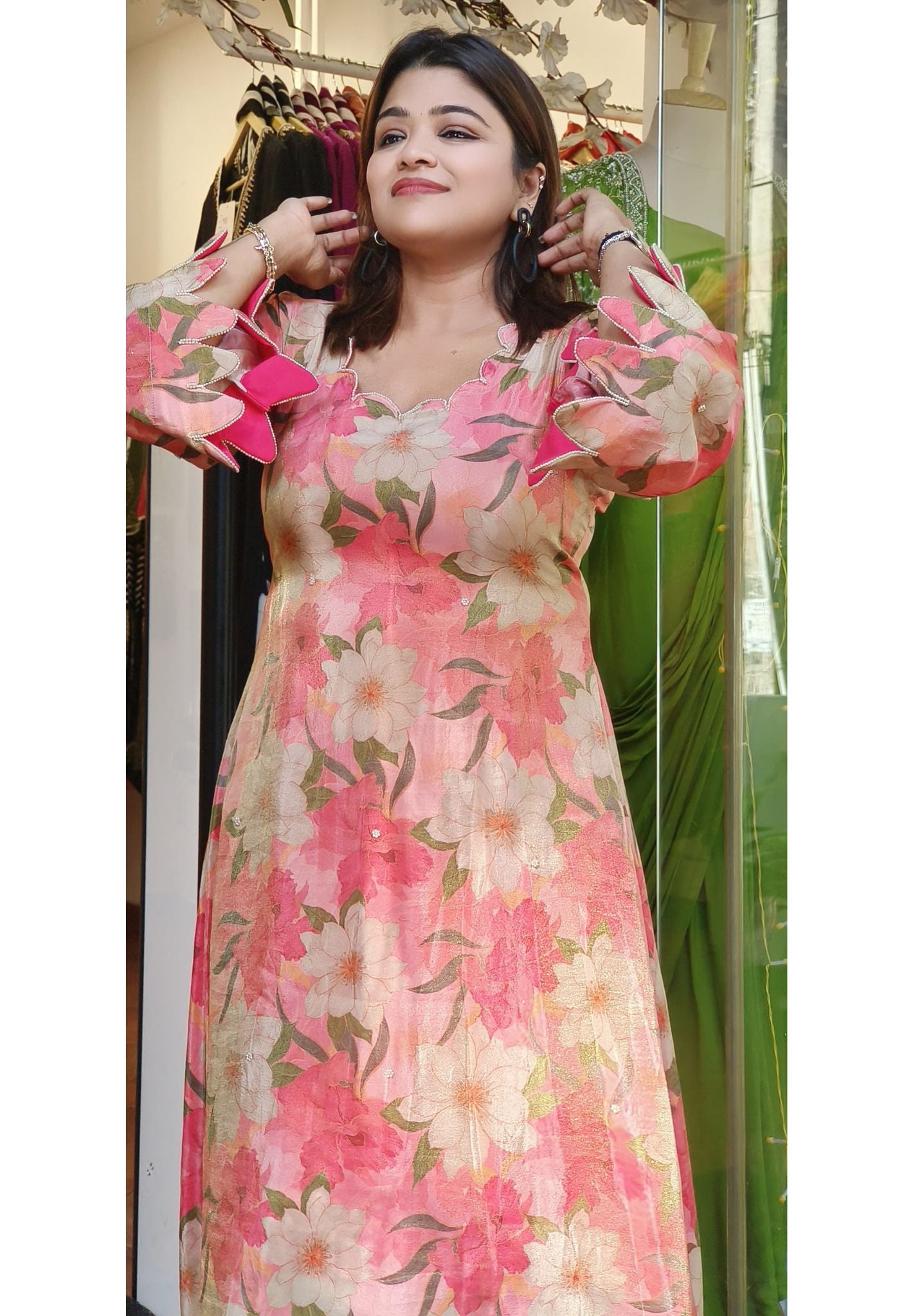 Stylish Sleeves Cut Work Embroidered Simmer Tissue Floral  High And Low Kurti-08137(Dispatching After 20 Days)