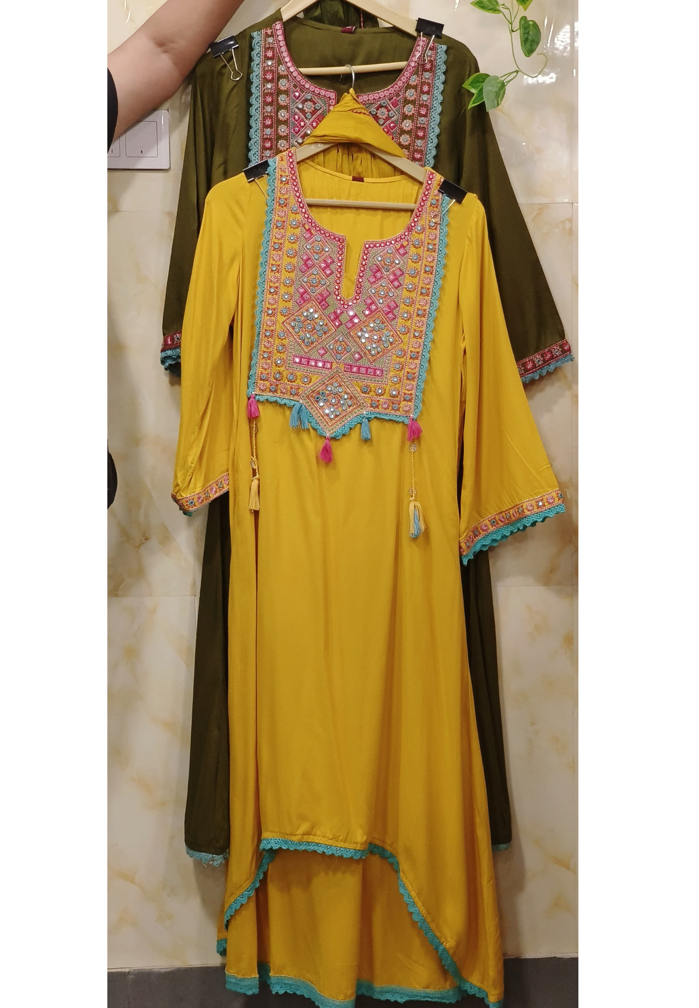 Solid Shade Cotton Slub Foil Mirror hi low Kurta with Stylish  Pants & Dupatta with Boho Pouch-9457,9456