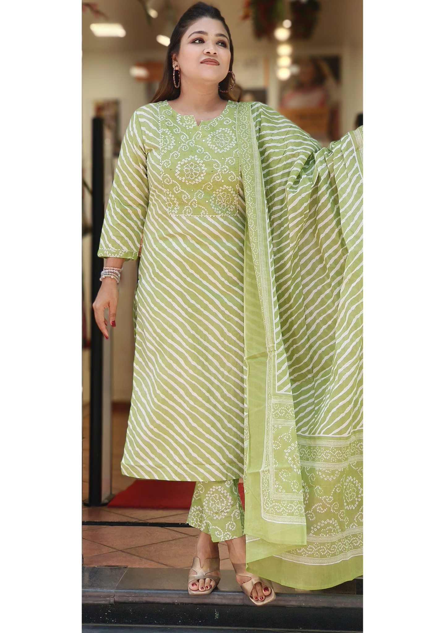 Front Yoke Leheriya Print Full Suit Set With Dupatta In Cotton Fabric
