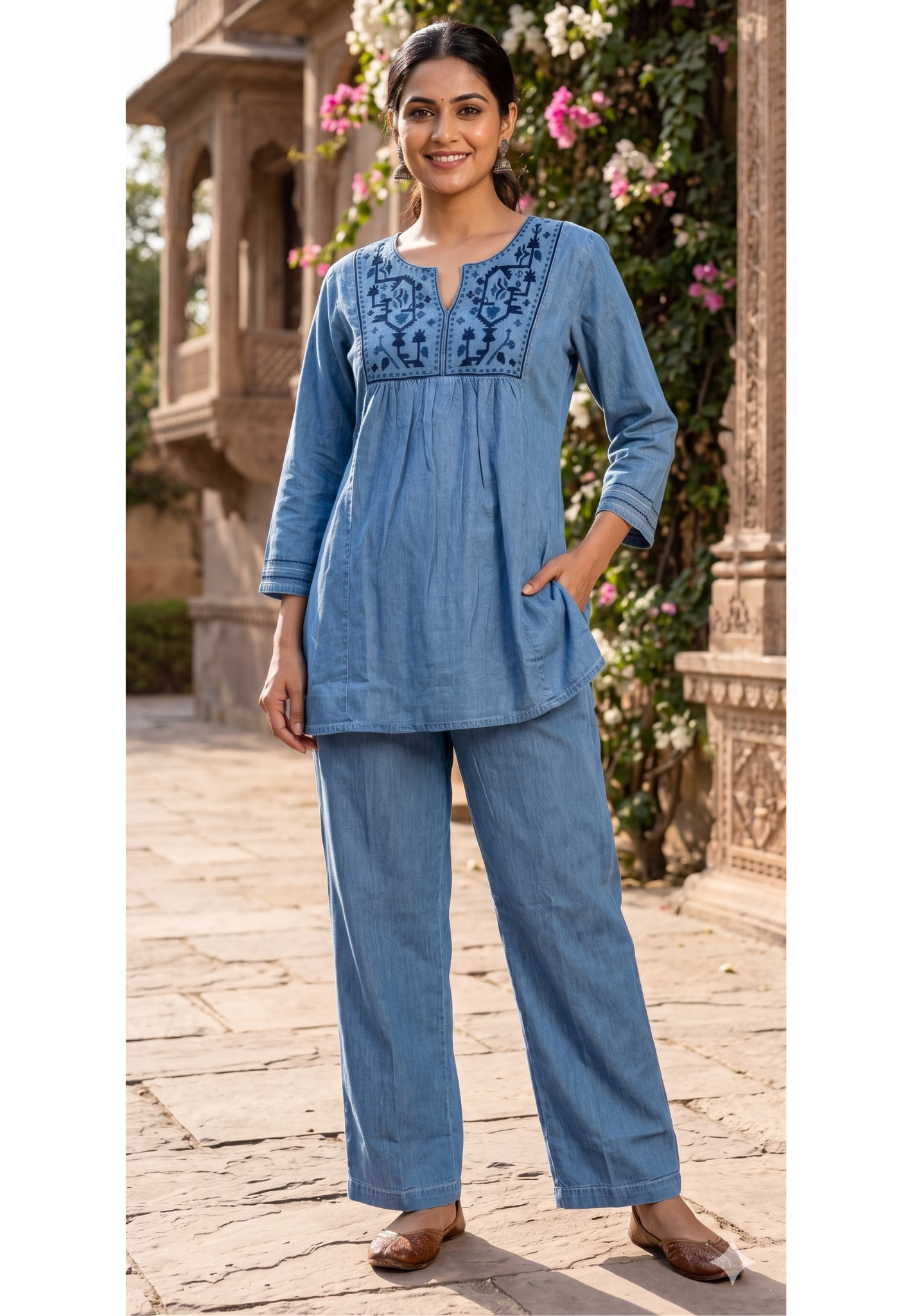 Abstract Thread Embroidery Slight Flared Cottom Denim Co-Ord Set- 14670  RB466