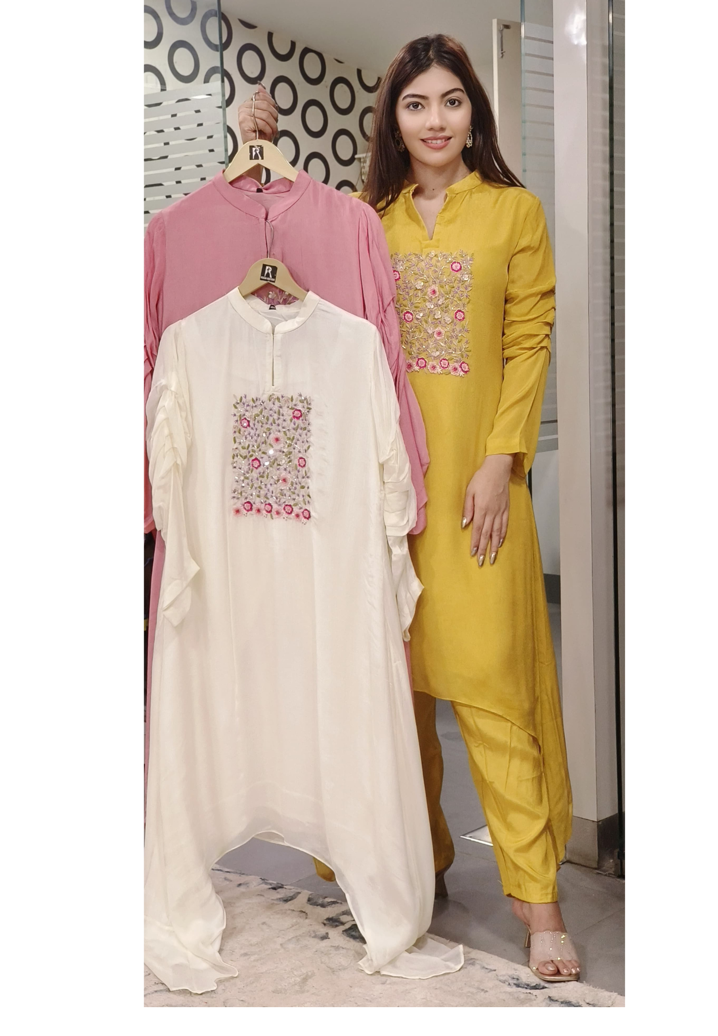 Chinon Kaftan Look Kurta Pant Set With Floral Zari Handwork On Front And Stylish Sleeve- 09732
