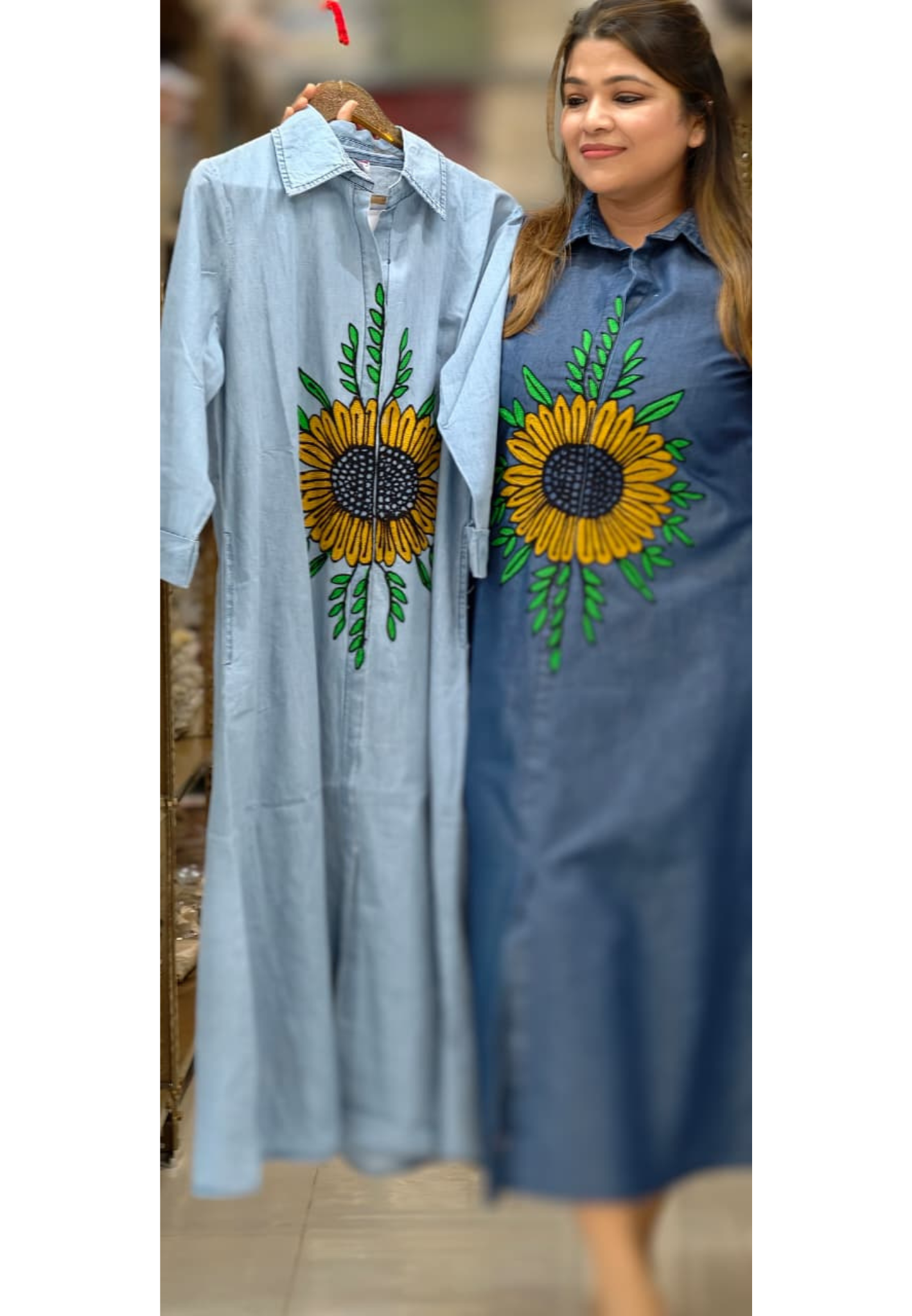 Giant Digital Floral Look Thread Embroidery Summer Cotton Denim Frock- 14802 RB467