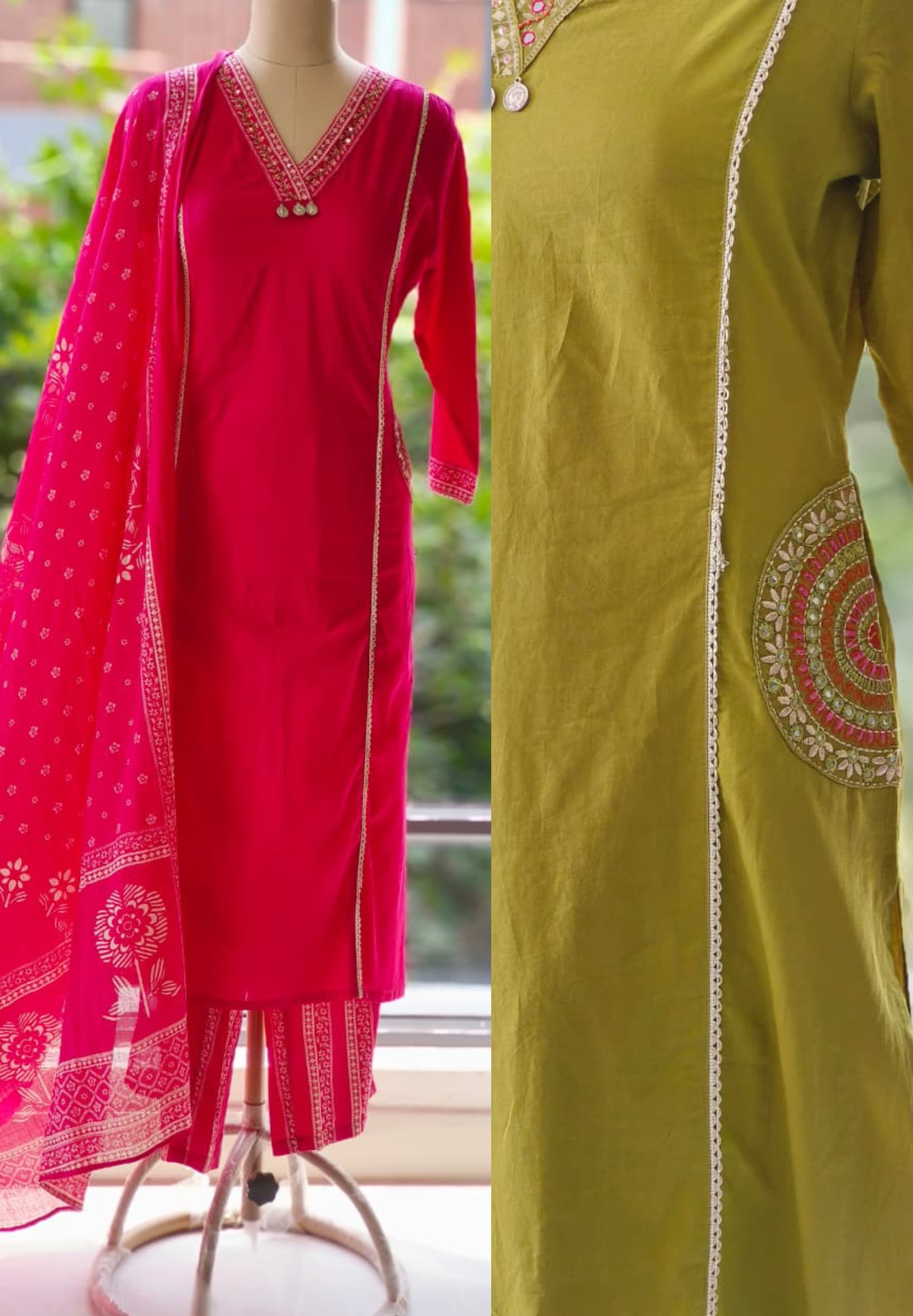 Solid Shade With Pocket Pure Cotton Full Suit Set with Foil Mirror Embroidery Work -12215-12213