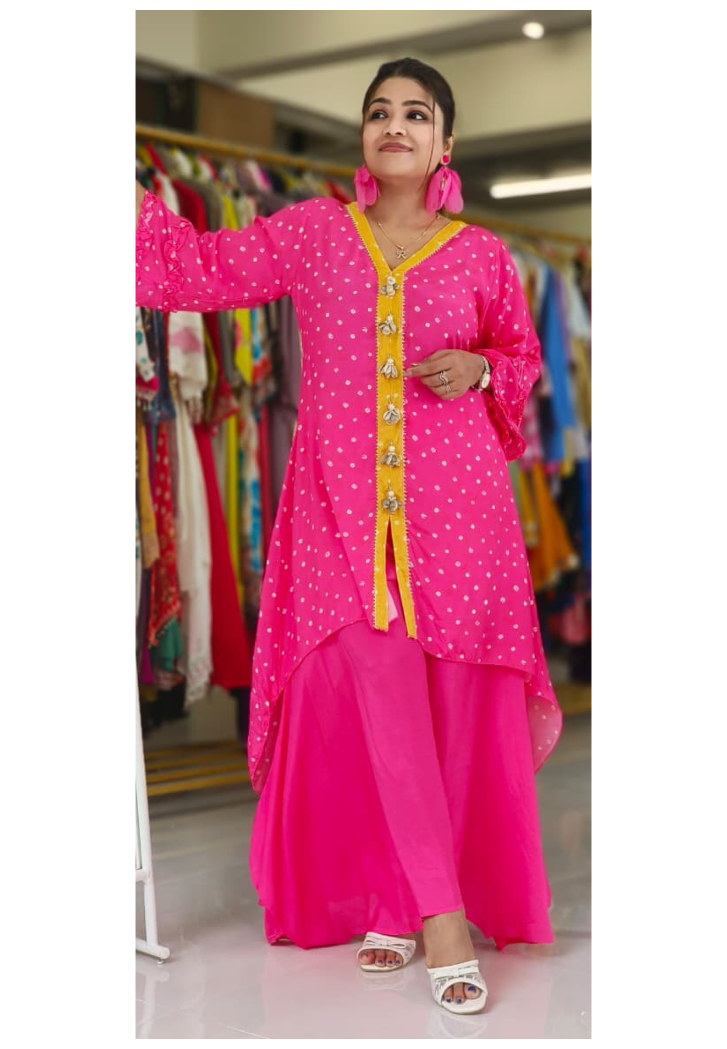 Bandhej High-Low Kurta with Yellow Placket and Handcrafted Cowrie Shell Tassels-12256,12257