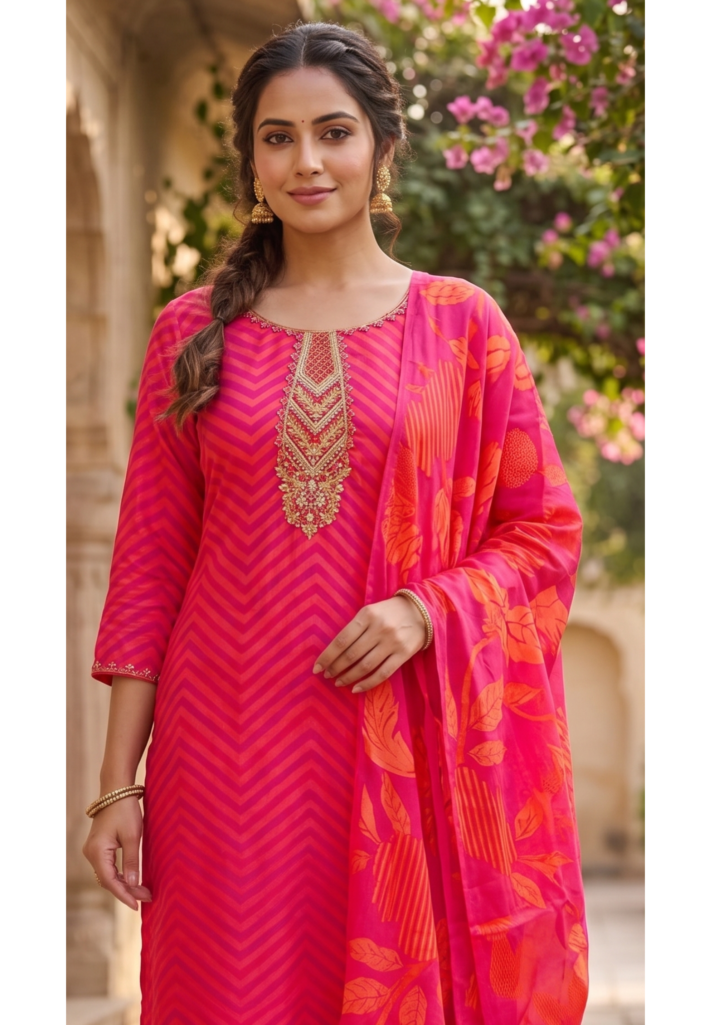 Sunset Crimson Festive Leheriya Full Suit Set with Premium Hand-Crafted Neckline