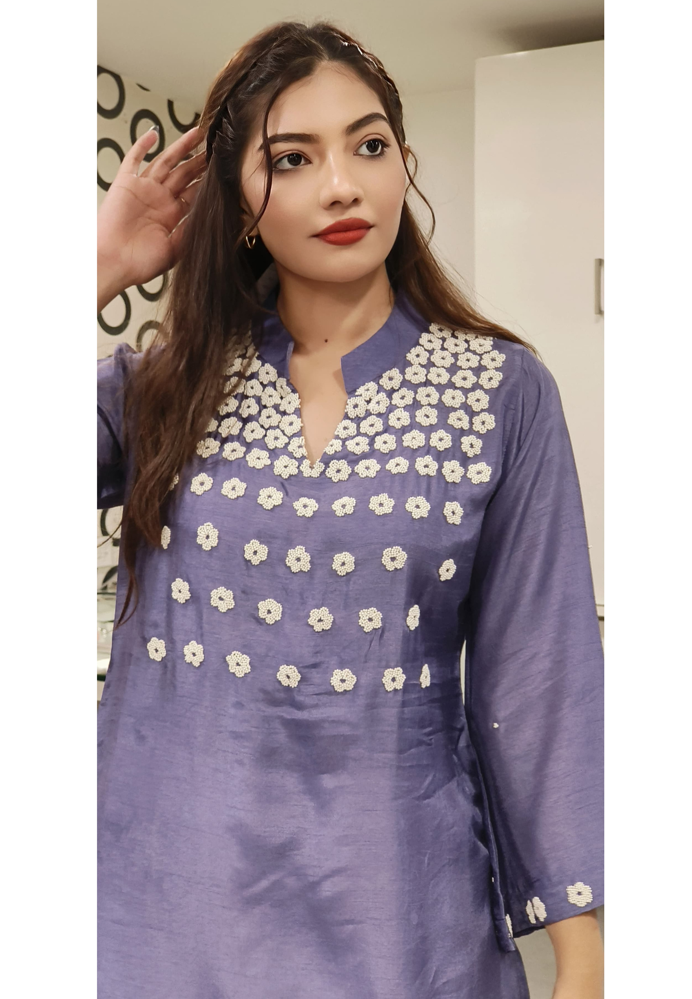 Dola Silk Pearl Hand Embroidered Manderian Collar Only Kurti- Dispatching after 15 Days