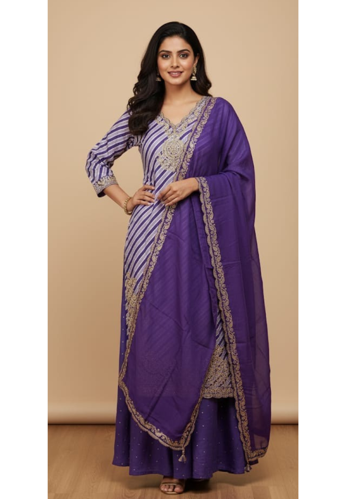 Zari Embroidered Leheriya Full Suit Set With Bordered Dupatta & Beautifully Worked Flared Panel Palazzo Bottom In HO Silk Fabric- 11459