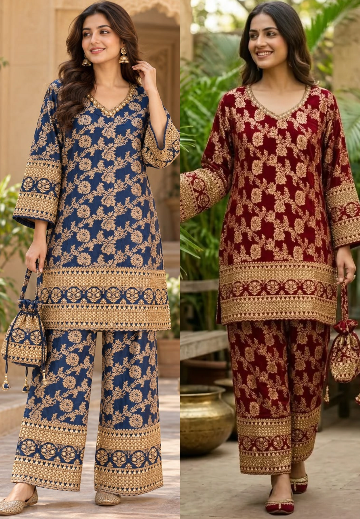 Royal Gold Foil Floral Printed Brocade Kurta Set with Heavily Embroidered Borders, Wide-Leg Palazzo Pants & Matching Potli Bag- 16868