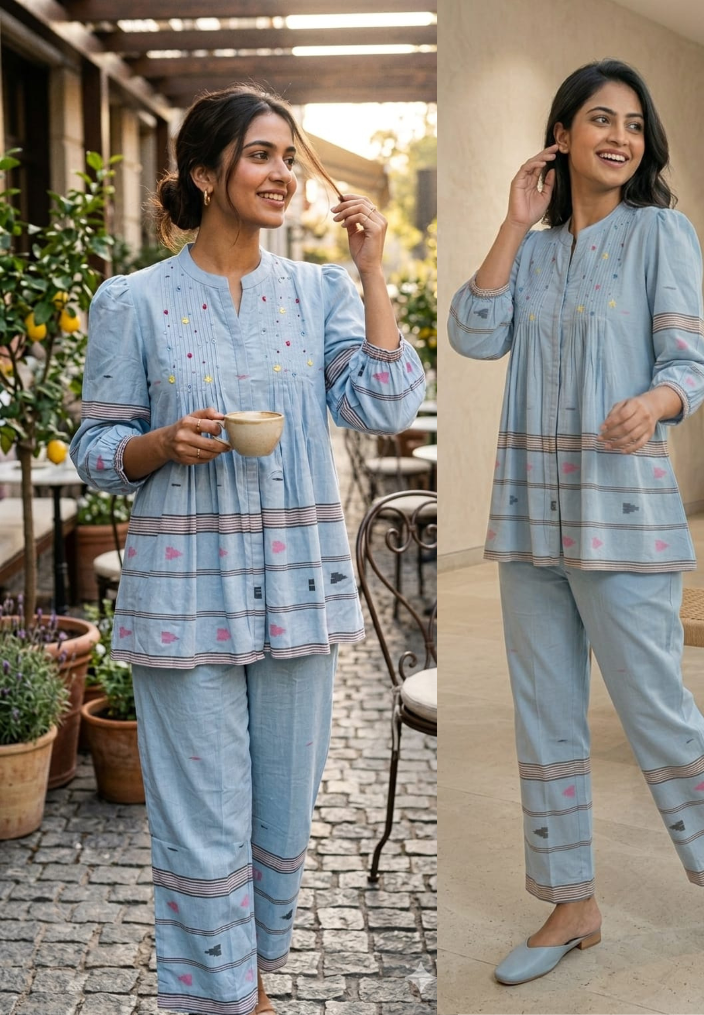 Powder Blue Mul Cotton Kurta with Pintuck Detailing & Handcrafted Motifs 14061 RB64