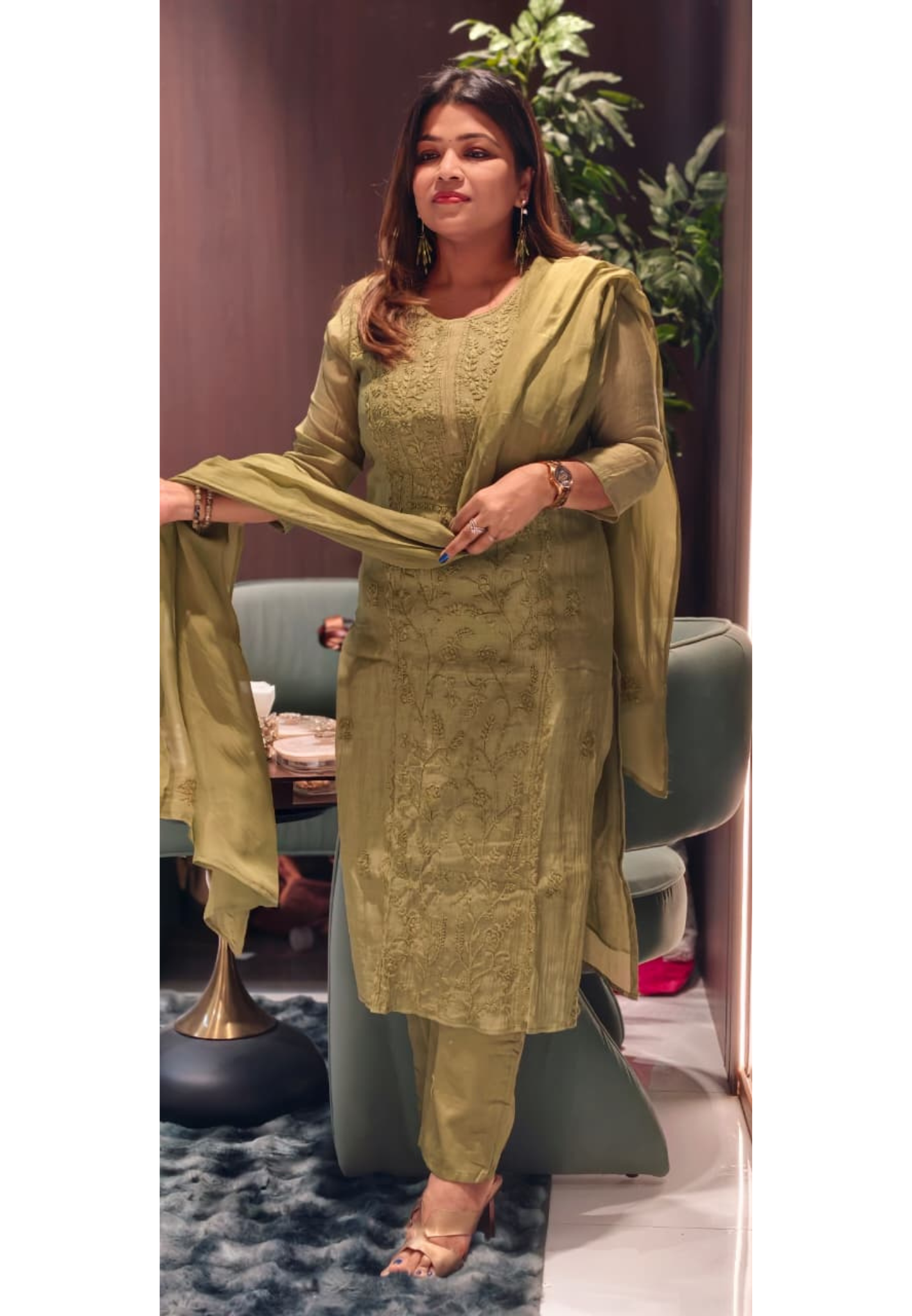 Premium Crush Mul Chanderi Fabric Straight Cut Full Suit Set with Intricate Self Thread Embroidery 14084 RB96