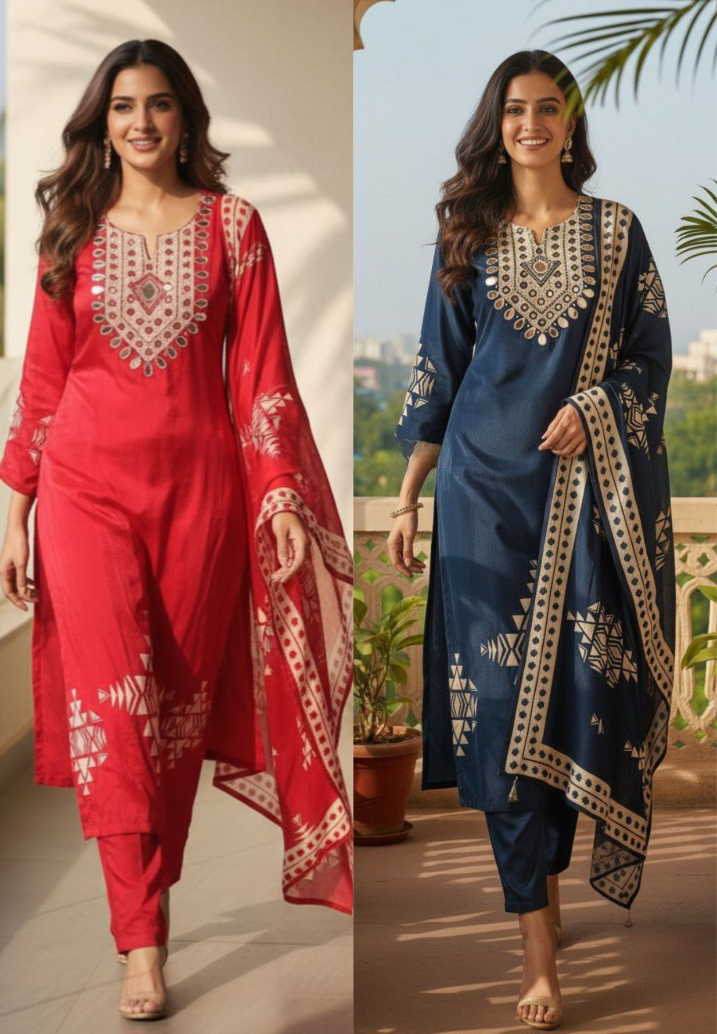 Graceful Real Mirror Yoke Unique Yoke Full Suit Set With Dupatta In Crepe Fabric- 11777, 11778