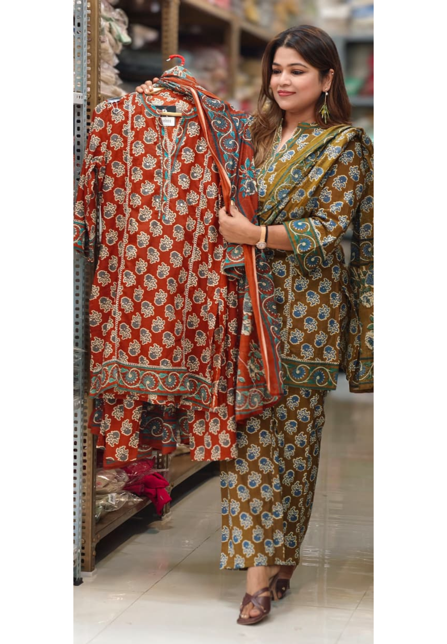 Earthy Floral Block Print Ethnic Cotton Short Length Kurta Full Suit Set With Dupatta- 14861
