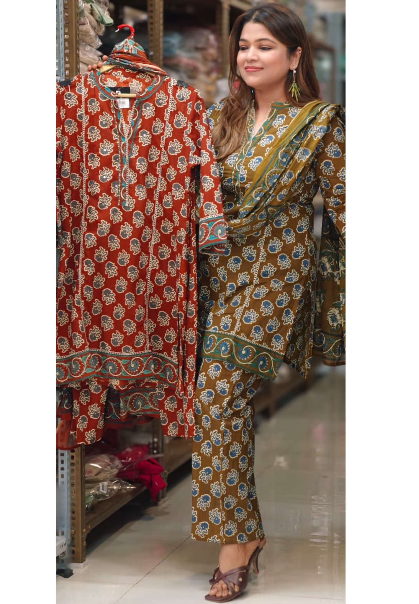 Earthy Floral Block Print Ethnic Cotton Short Length Kurta Full Suit Set With Dupatta- 14861 RB497